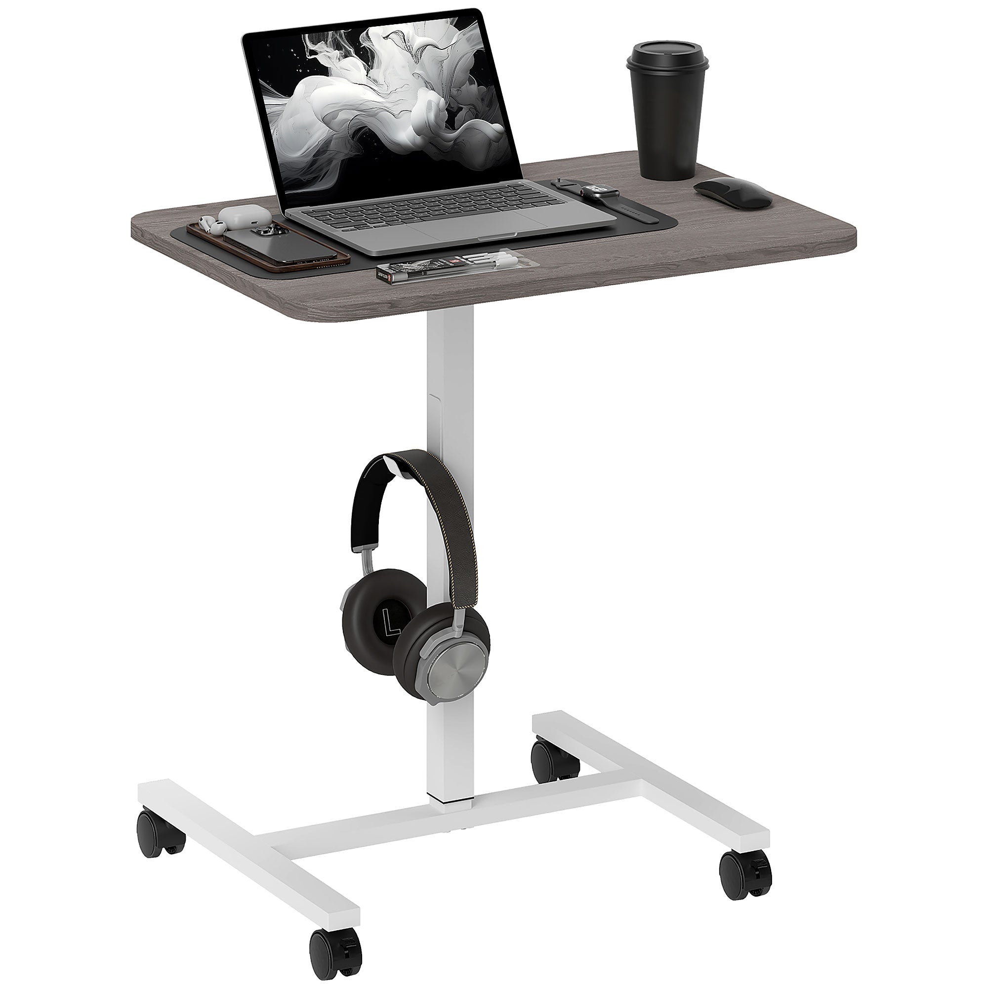 Height Adjustable Standing Desk, Pneumatic Sit Stand Desk for Laptop, Mobile Overbed Table with Wheels and Headphone Hook for Home Office, Grey