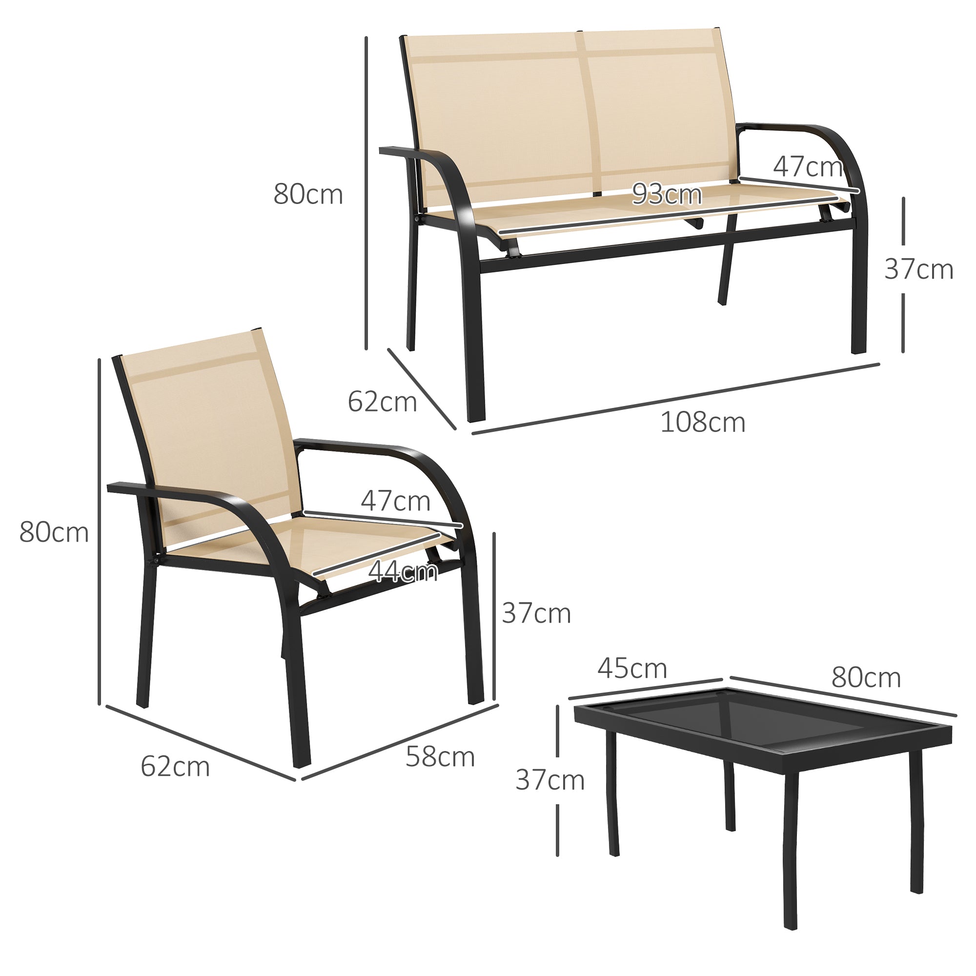 Four-Piece Curved Steel Garden Dining Set - Beige/Grey