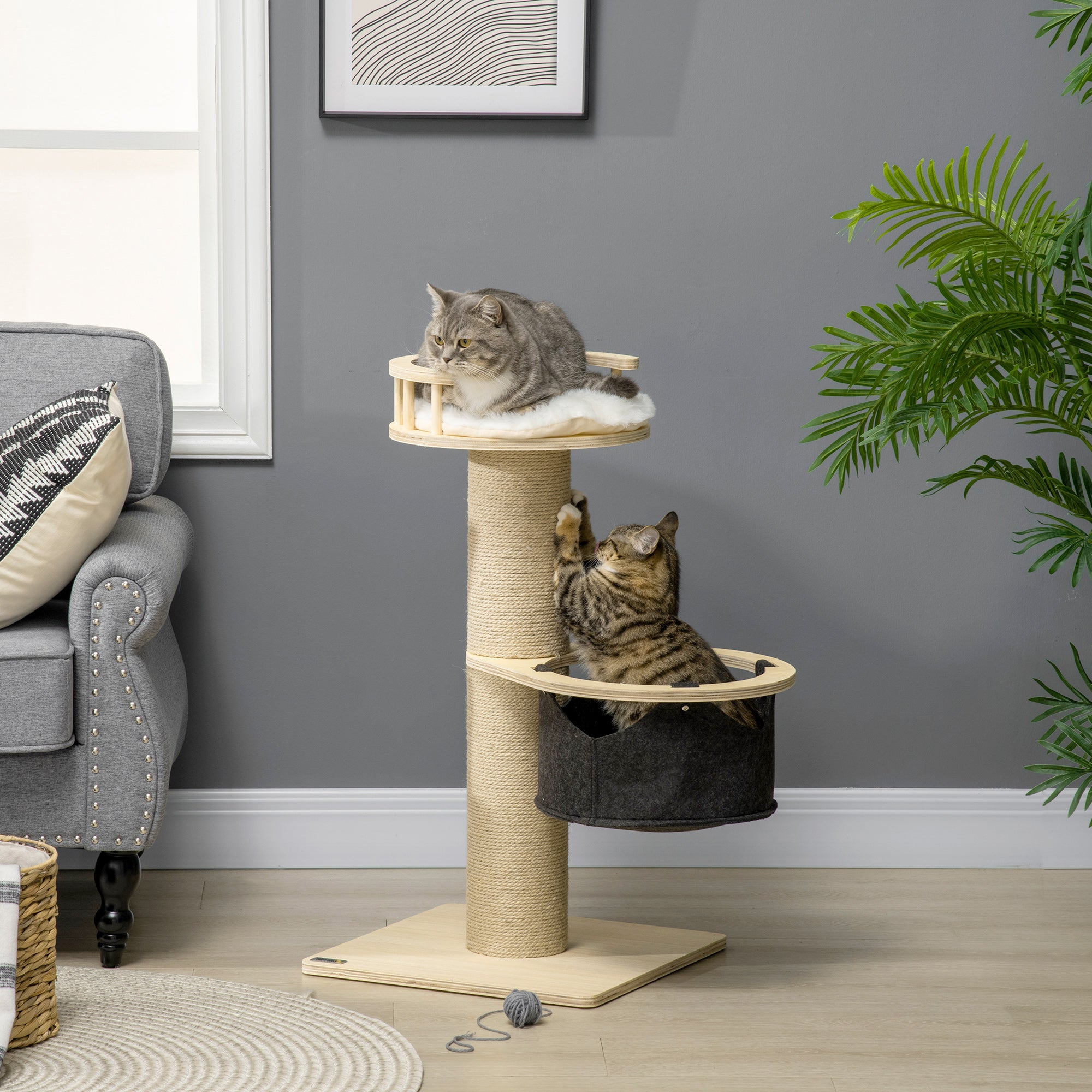 Cat Tree, with Hammock, Bed, Jute Scratching Post - Natural Finish