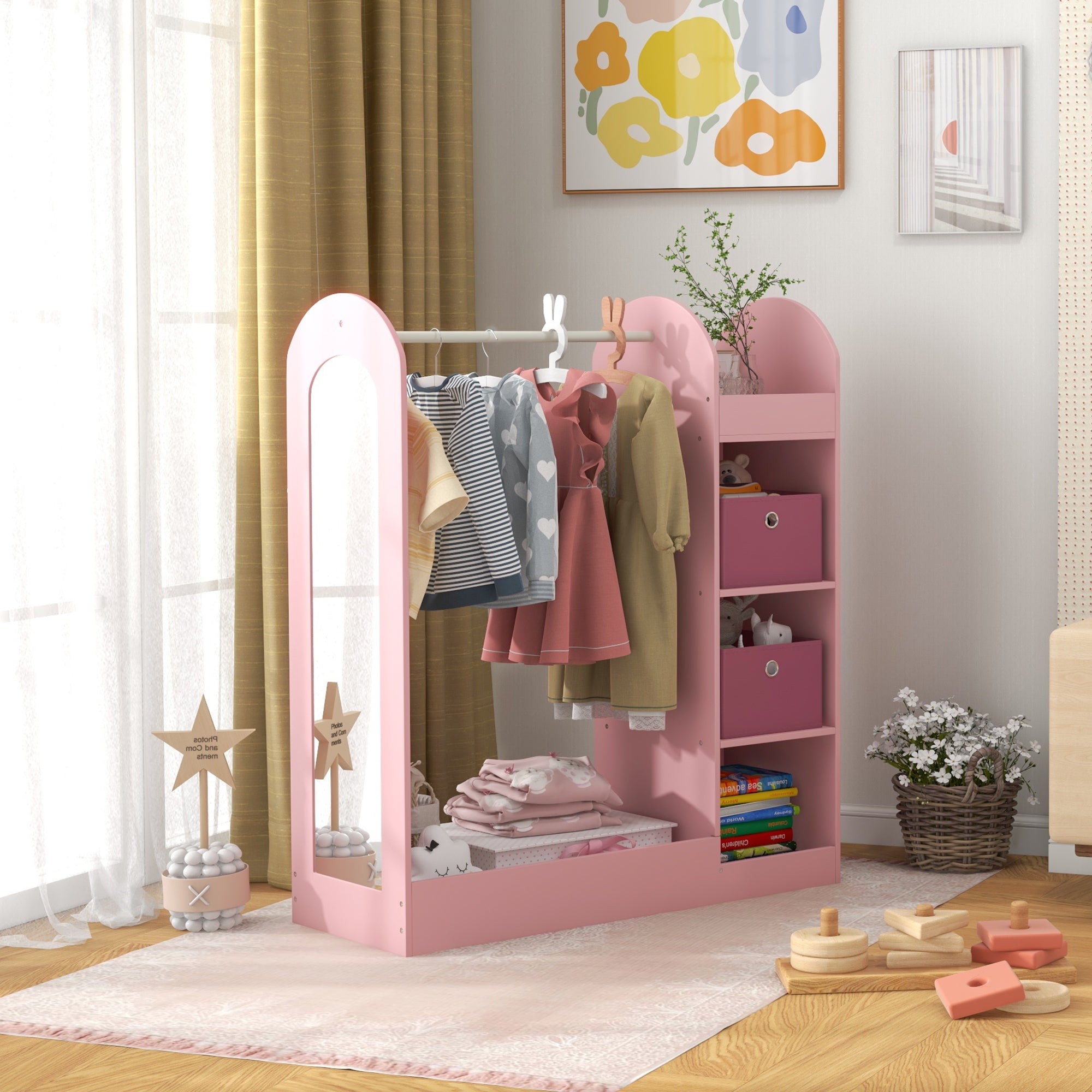 Kids Clothes Rail with Storage Shelf, Boxes, Mirror for Bedroom, Nursery, Pink