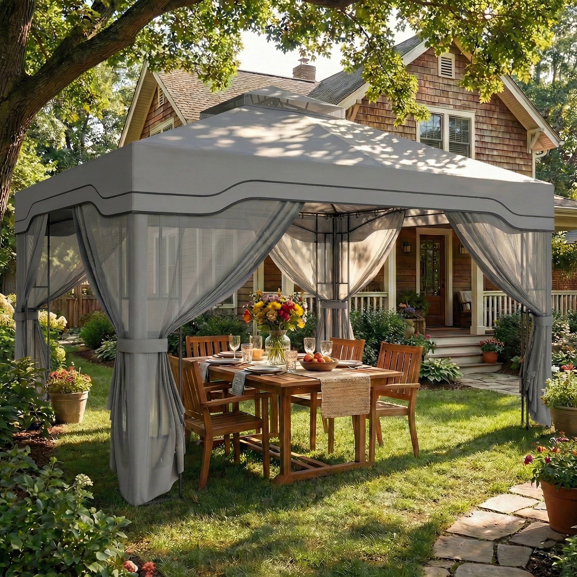 3 x 3.6 m Outdoor Garden Gazebo with Post Shelves, UPF50+ Patio Permanent Pavilion with Hook, Dark Grey