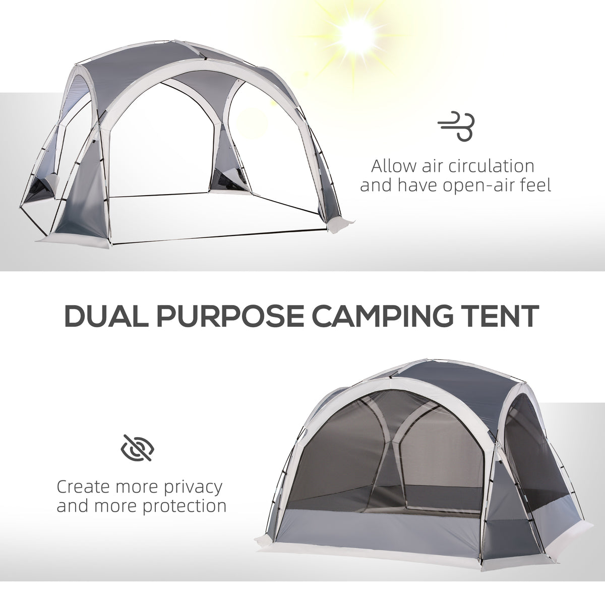 Dome Tent for 6-8 Person, Camping Tent with 4 Zipped Mesh Doors, Removable Oxford Cloth, Lamp Hook, Portable Carry Bag, White and Grey