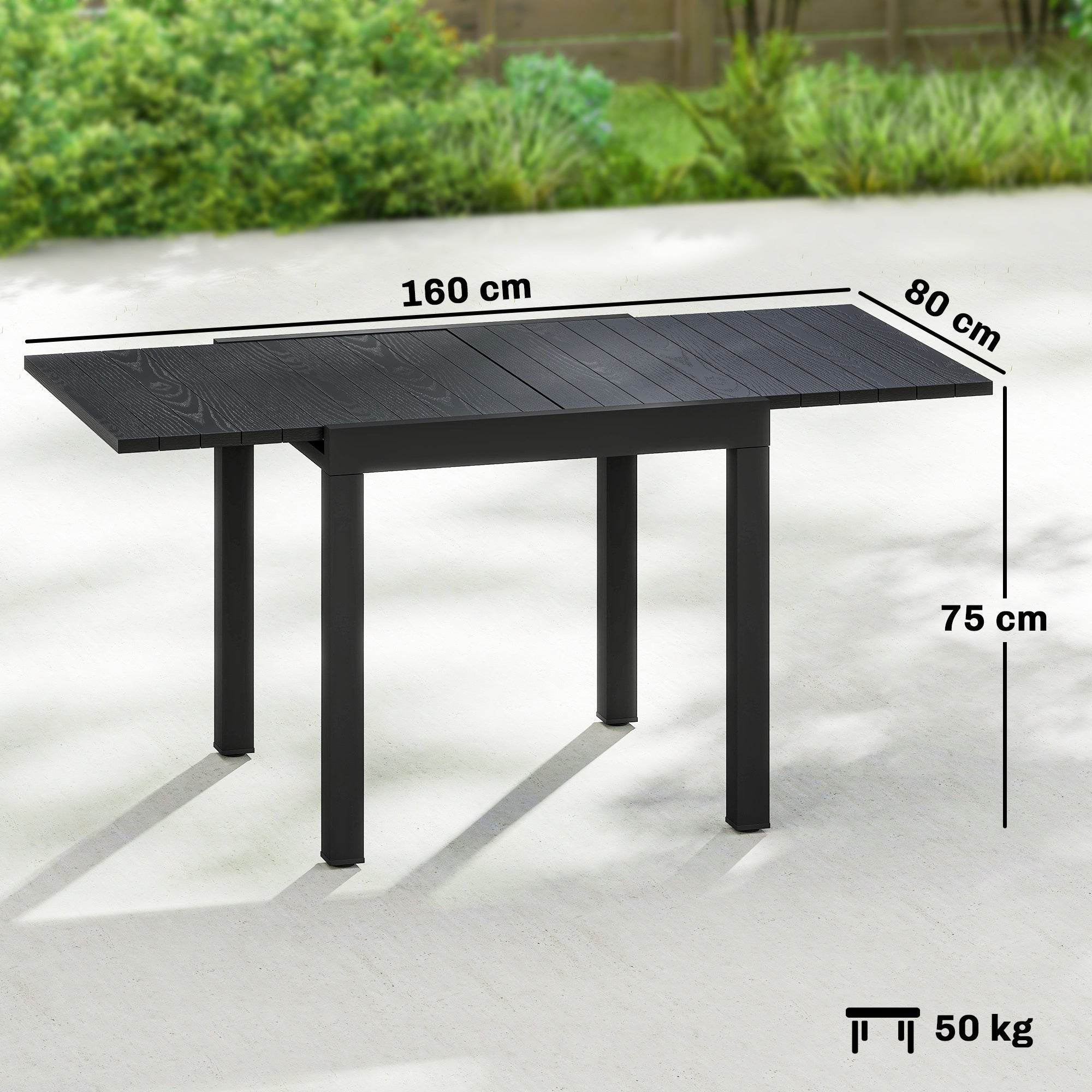 Extending Garden Table for 4-6, Aluminium Outdoor Dining Table with Faux Wood Slatted Top, Black