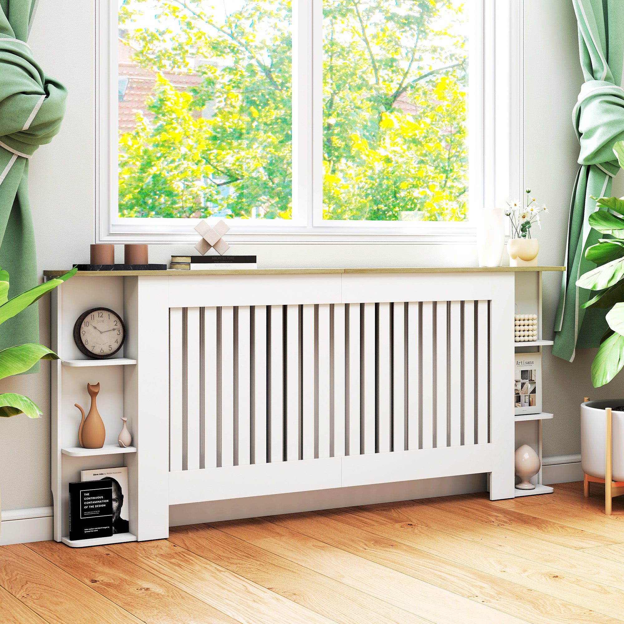 Radiator Cover with Open Storage Shelves, Vertical Slatted Cabinet Shelf Heater Cover for Living Room, Hallway, Extra Large, White