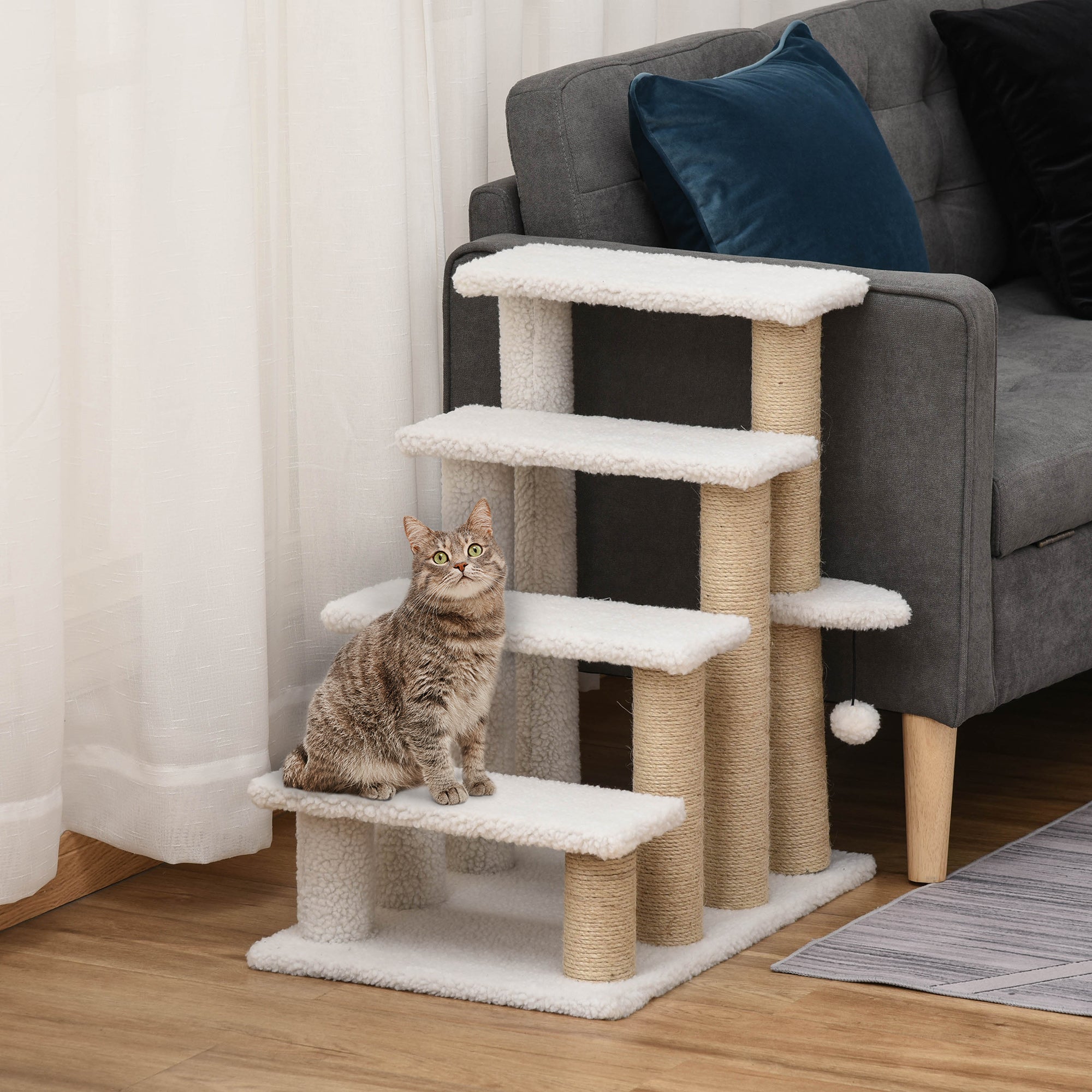 Pet Stair with 4-step Climb Ladder, Scratching Posts, Platforms, Toy Ball, for Indoor Elderly Cats Kittens, White