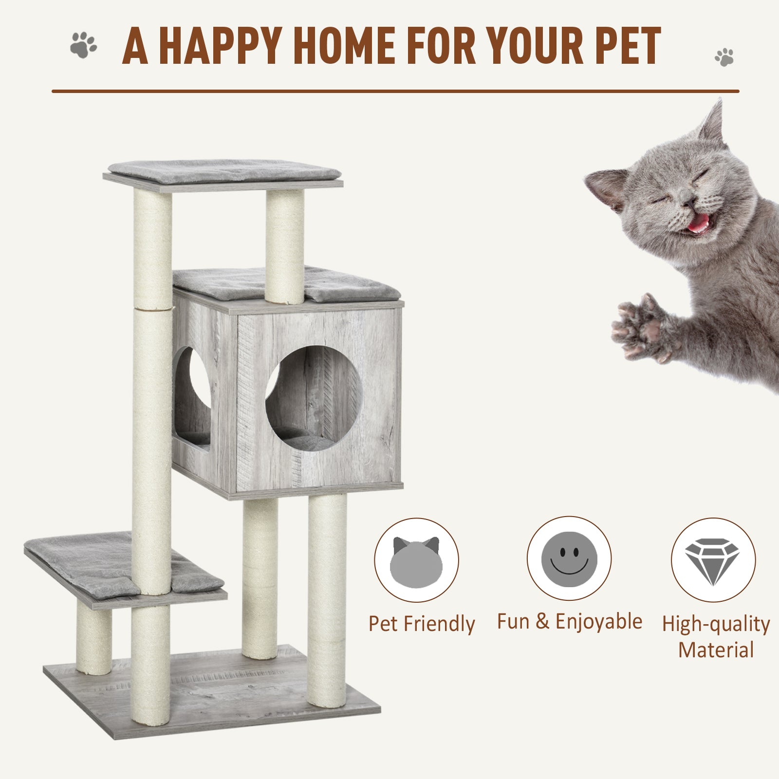 Cat Tree for Indoor Large Cats 113cm Kitten Tower Condo Jute Scratching Post Kitten Play House Activity Center Furniture
