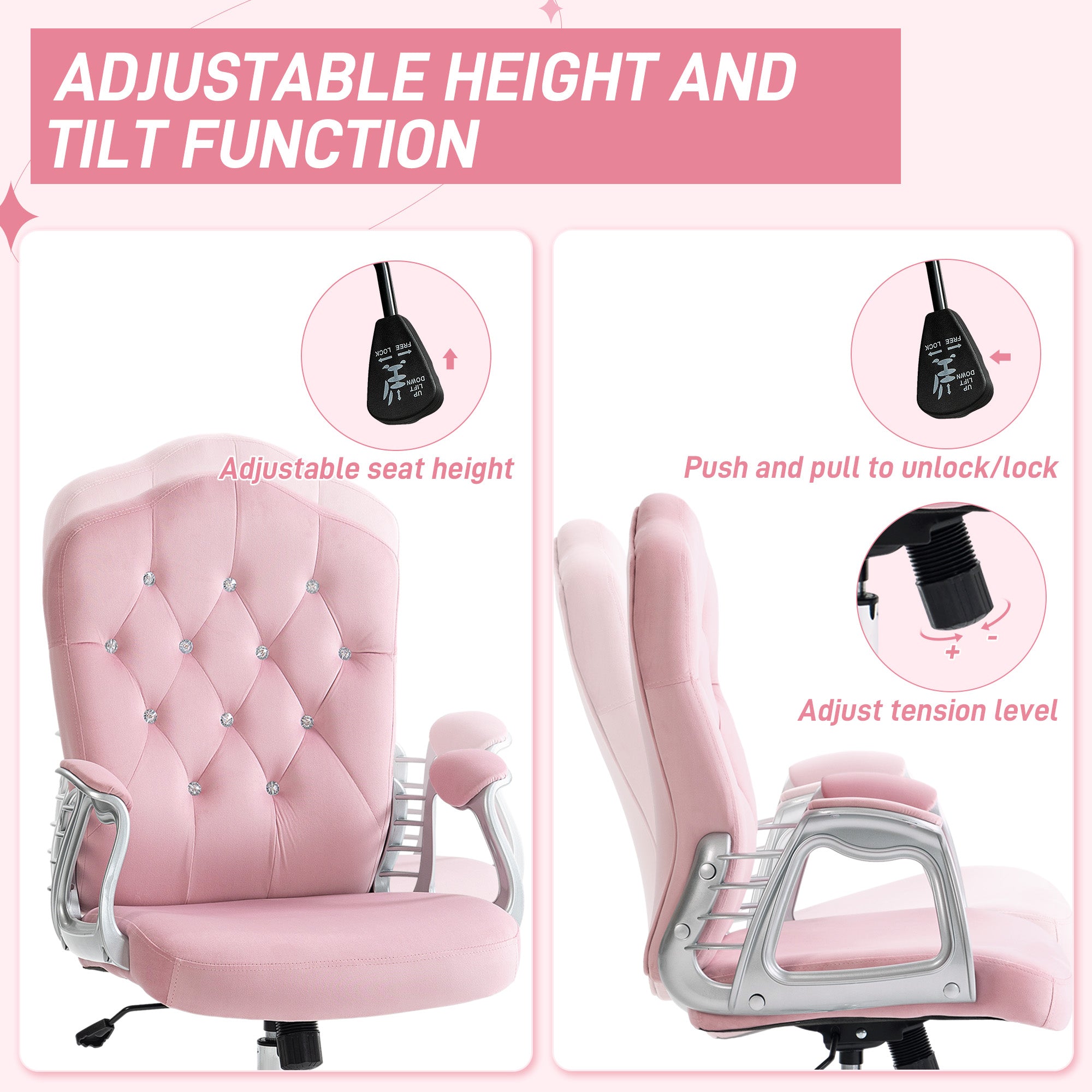 Velvet-Feel Work Chair, with Diamante Back - Pink