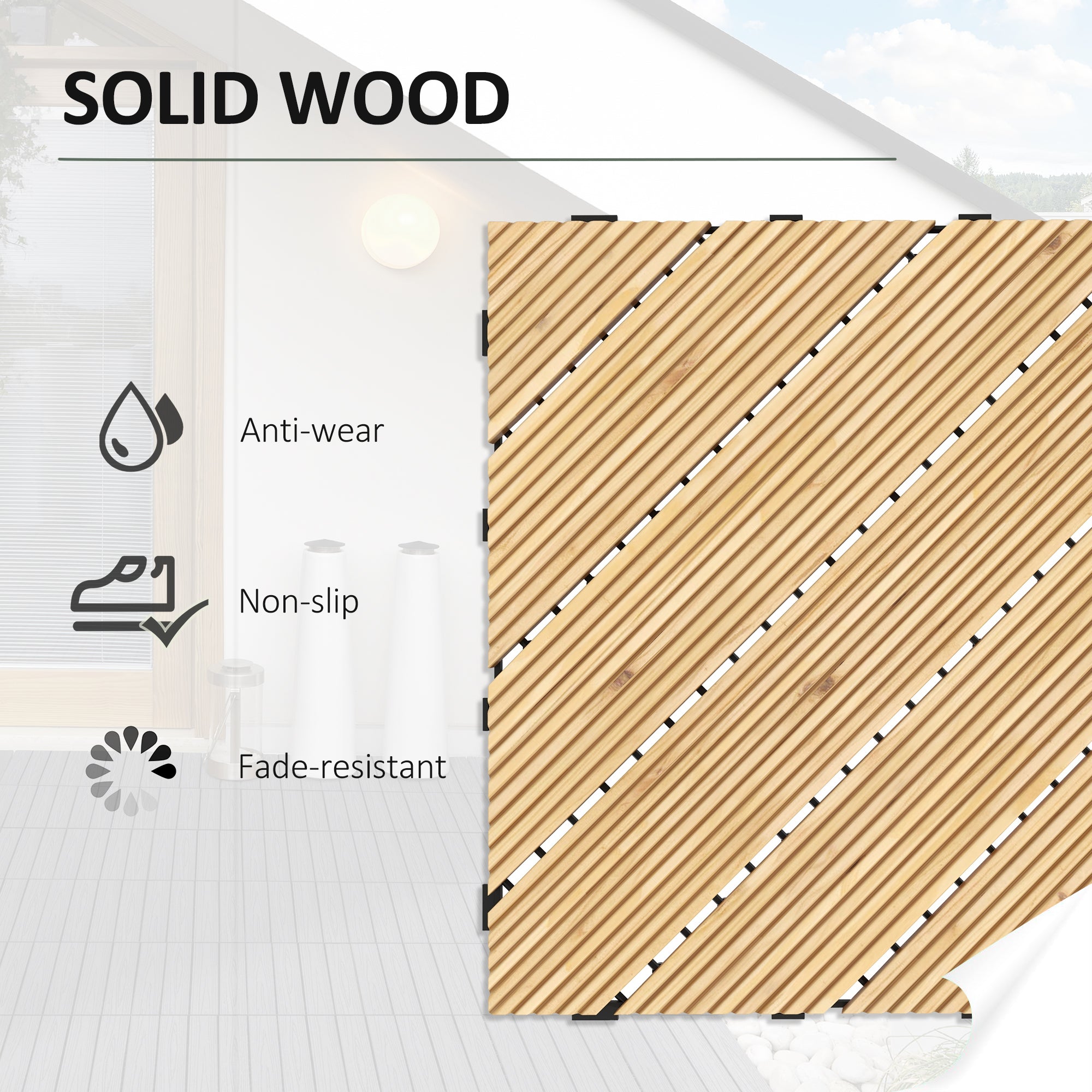 27 Pcs Wooden Interlocking Decking Tiles, 30 x 30 cm Anti-slip Outdoor Flooring Tiles, 0.81Ž¡ per Pack, All Weather Use for Patio, Balcony, Terrace, Hot Tub, Yellow
