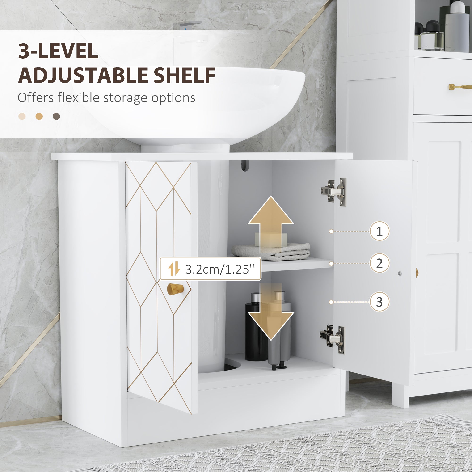 Under Sink Bathroom Cabinet with Adjustable Shelf and Open Compartment 60x30x60cm - White