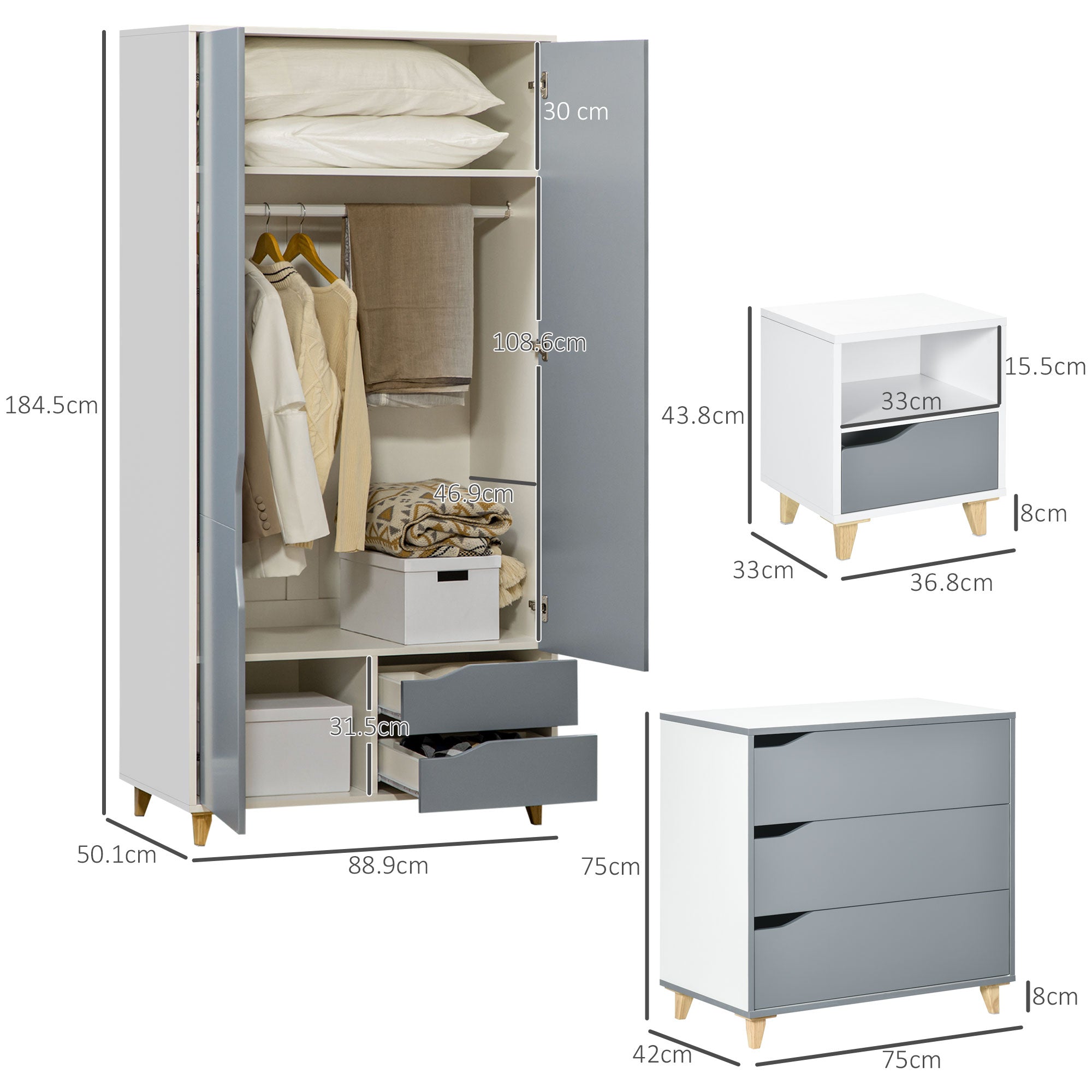 Bedroom Furniture Set, Wardrobe with Hanging Rail, 3 Drawer Chest of Drawers, Bedside Table with Drawer, Grey and White