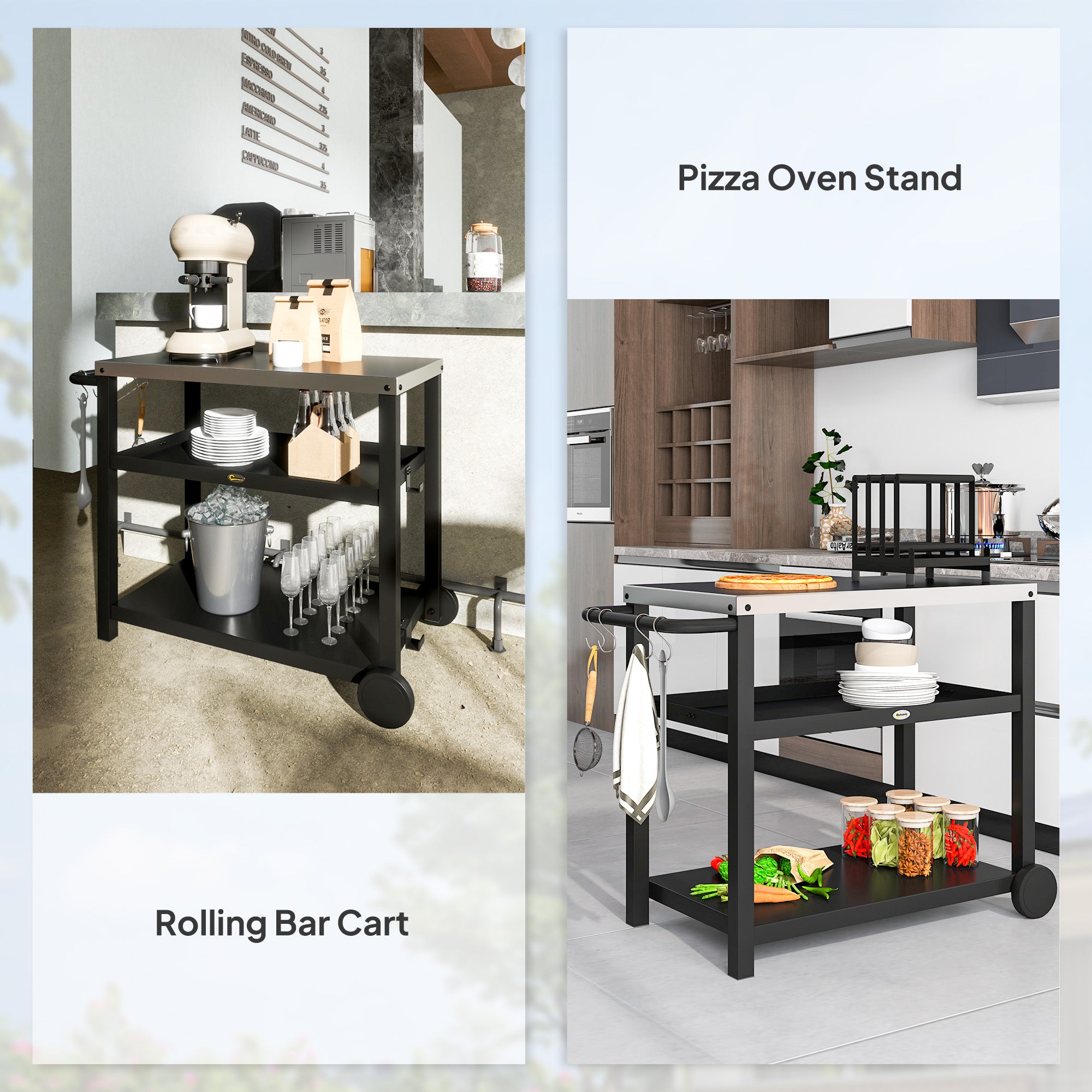 Outdoor Grill Dining Cart 3-Shelf Movable Pizza Oven Table Stand with Stainless Steel Top, Portable BBQ Trolley Food Prep Outdoor Kitchen BBQ Station with Hooks Wheels Handle, Charcoal Grey