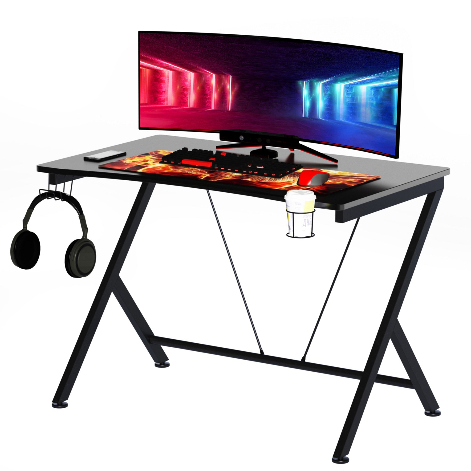 Gaming Desk, 108 x 66cm Computer Table Metal Frame with Cup Holder, Headphone Hook, Cable Hole, for Small Spaces, Black