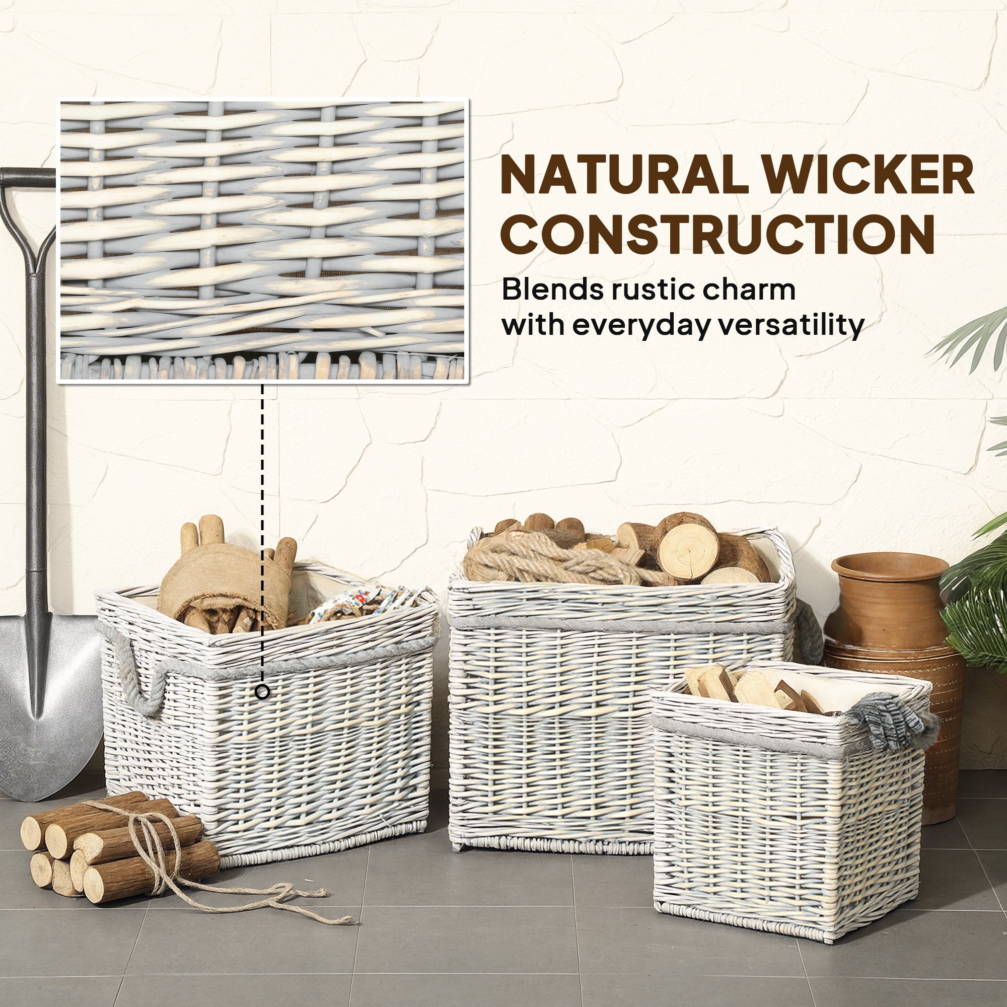 Set of 3 Log Baskets for Wood Burner Indoor, Storage Basket with Lining and Rope Handles, Wicker Basket for Fireside Storage, Blankets, Beige