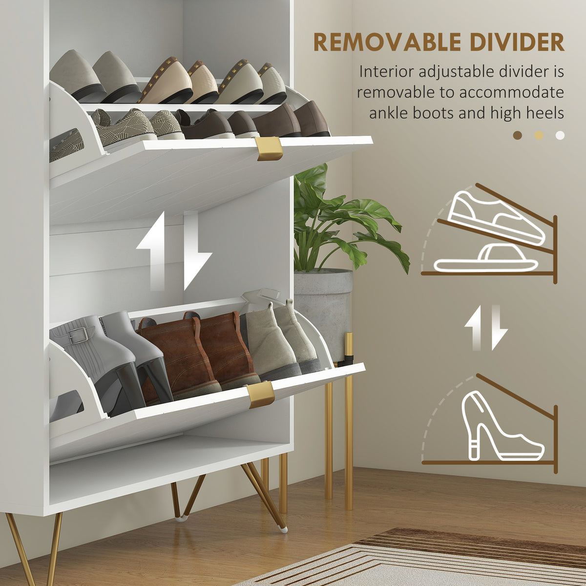 Two Flip Drawer Narrow Shoe Cabinet with Storage for 12 Pairs - White