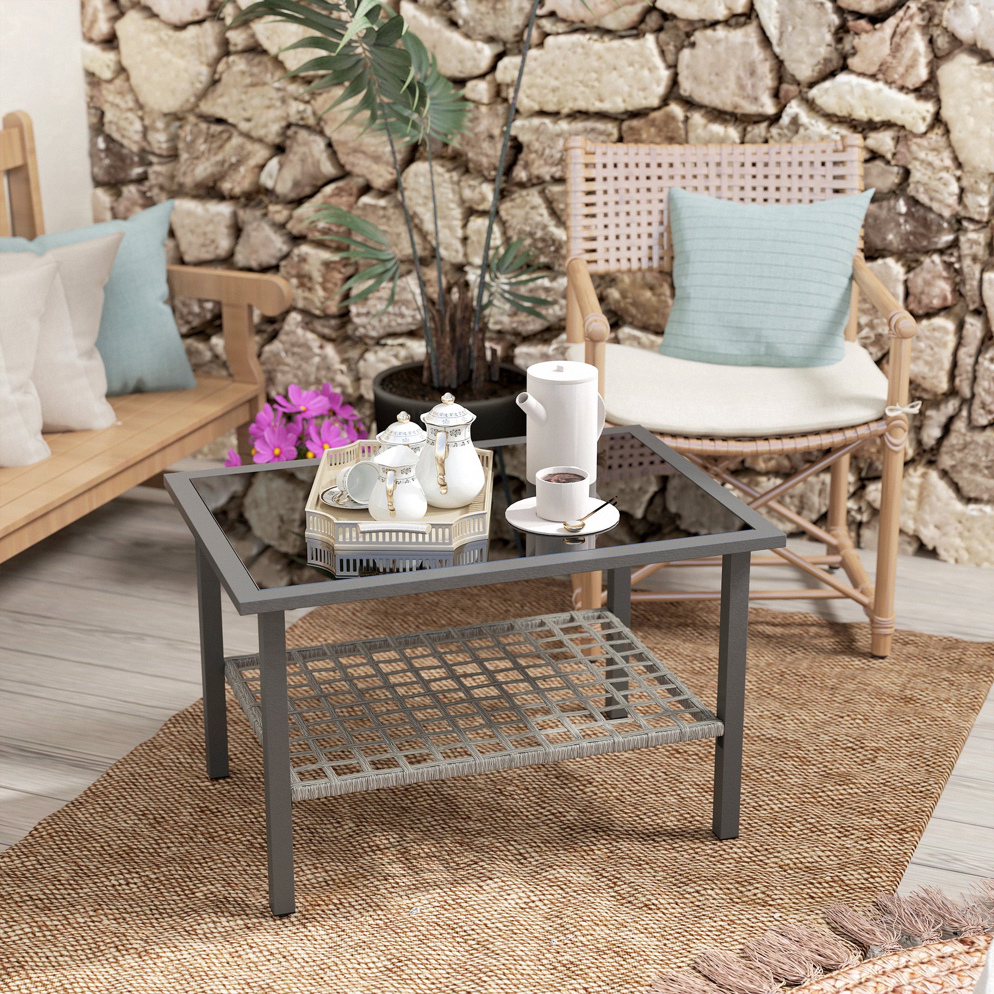 Outdoor Rattan Coffee Table with Tempered Glass Top and Storage Shelf - Mixed Grey