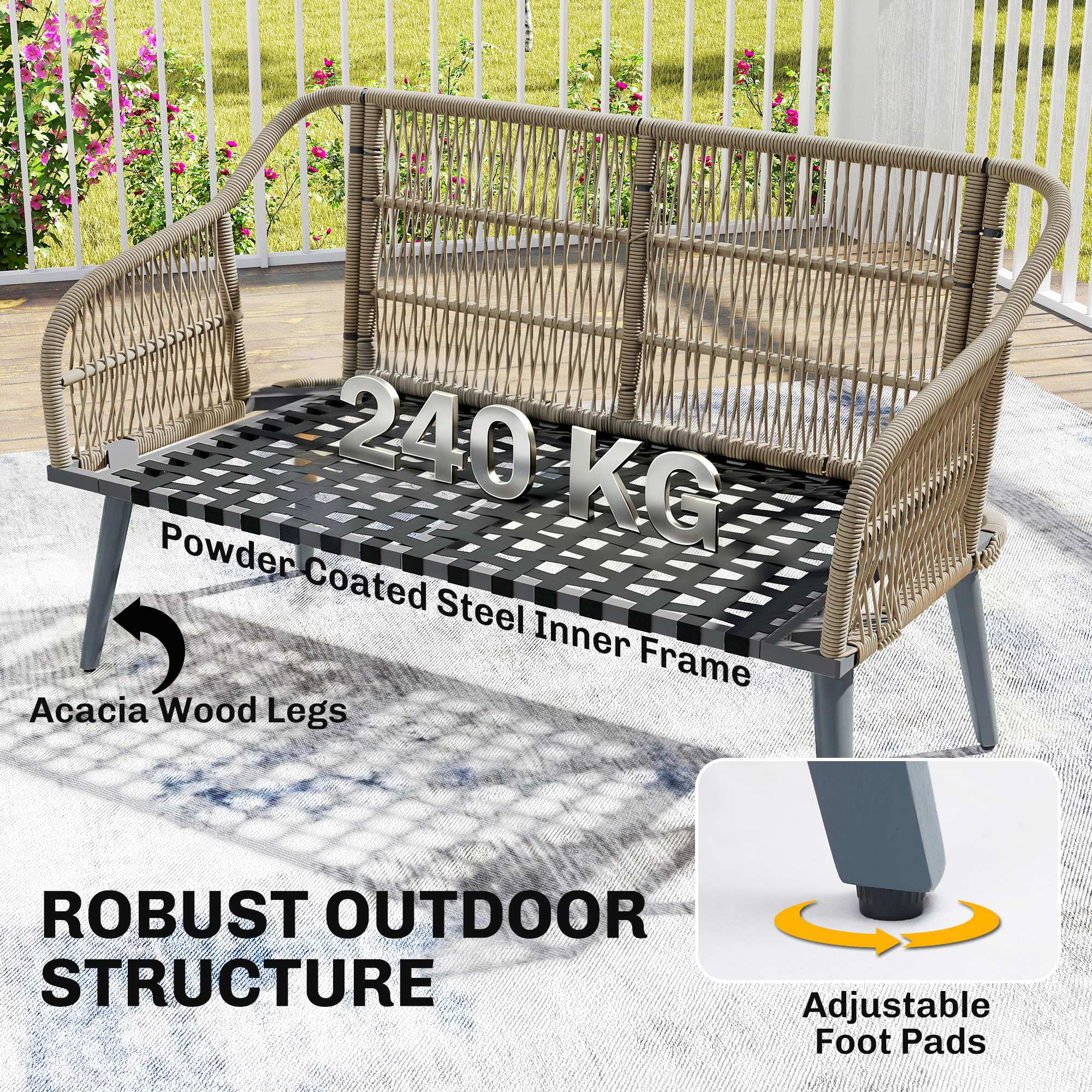 4 Piece Rattan Garden Furniture Set with Loveseat, Armchairs, Wood Table, Wicker Patio Conversation Set, Grey