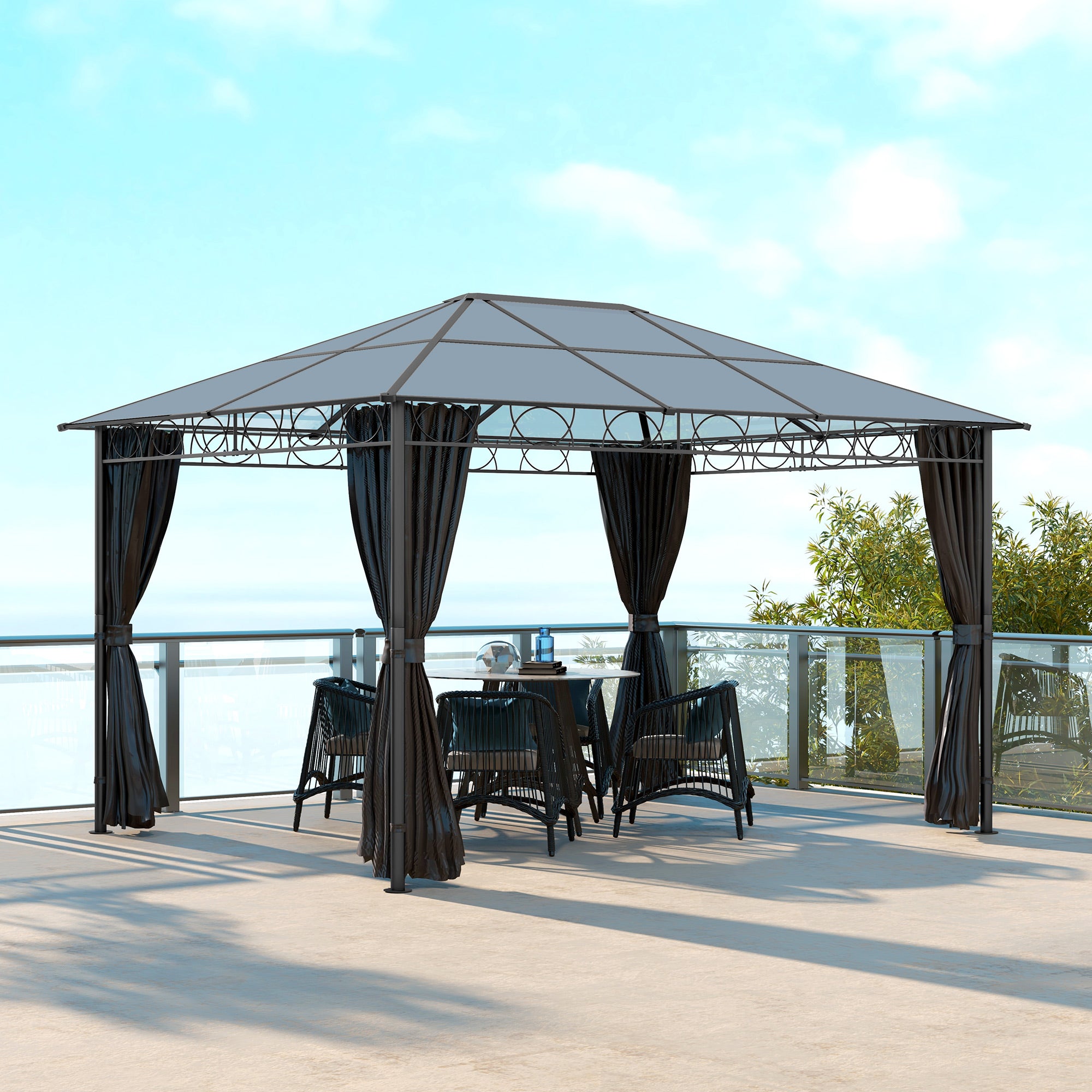 Hardtop Gazebo Garden Pavilion with UV Resistant Polycarbonate Roof, Curtains, Steel & Aluminium Frame, 3 x 4m, Grey