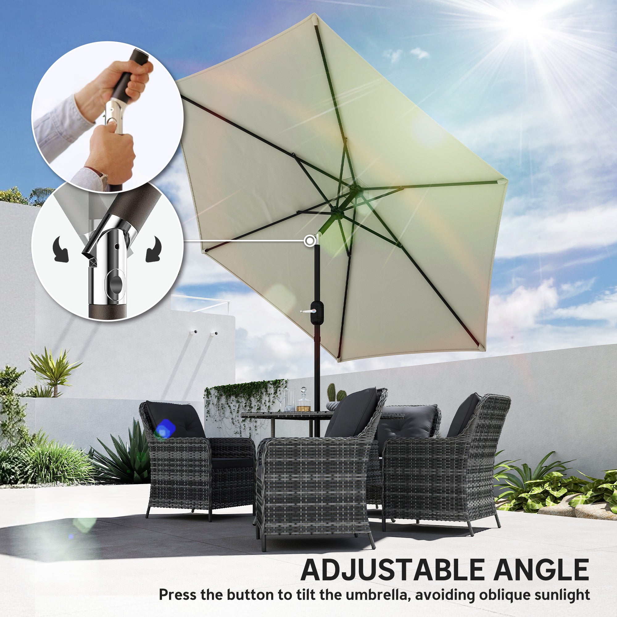2.6 m Garden Parasol Umbrella with Aluminium Pole, Outdoor Patio Umbrella with Tilt and Crank, Vent, Cream White