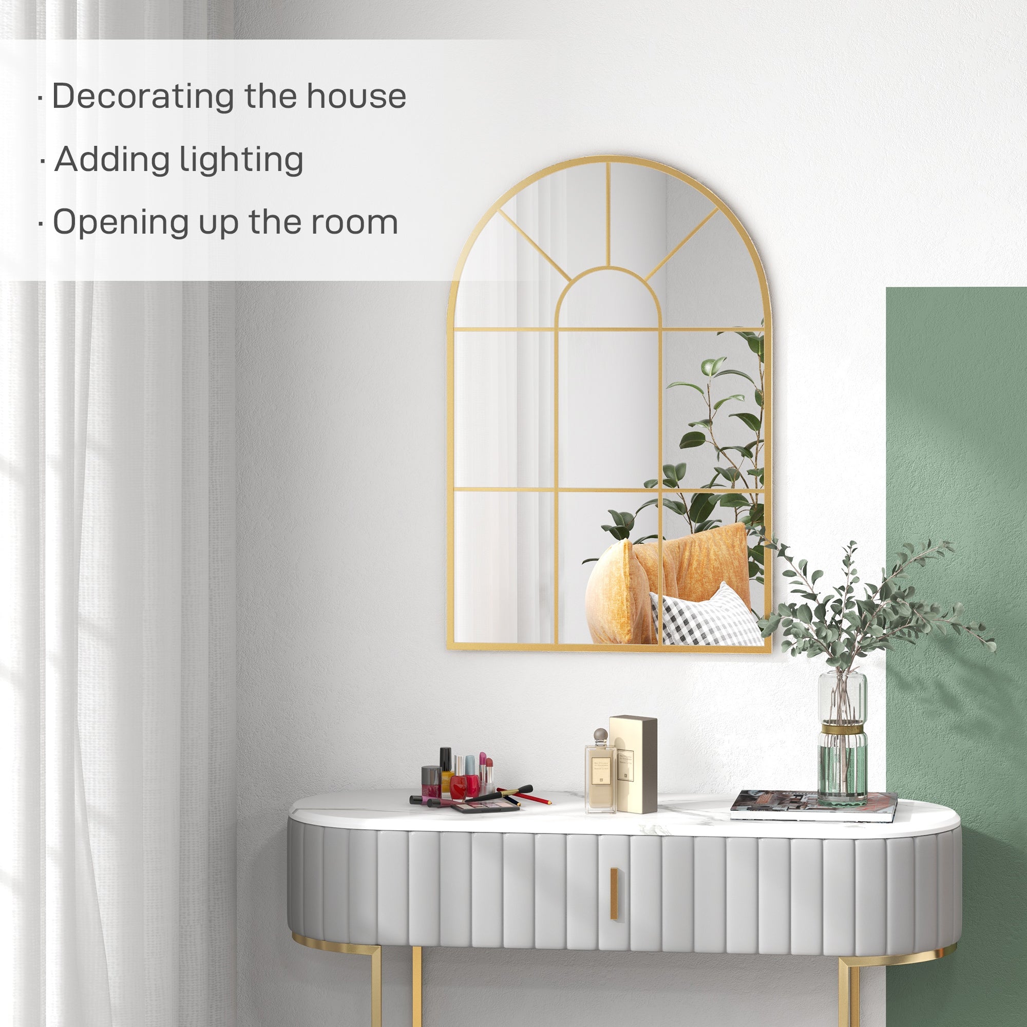 Modern Arched Wall Mirror 91 x 60 cm with Grid Frame - Gold Tone