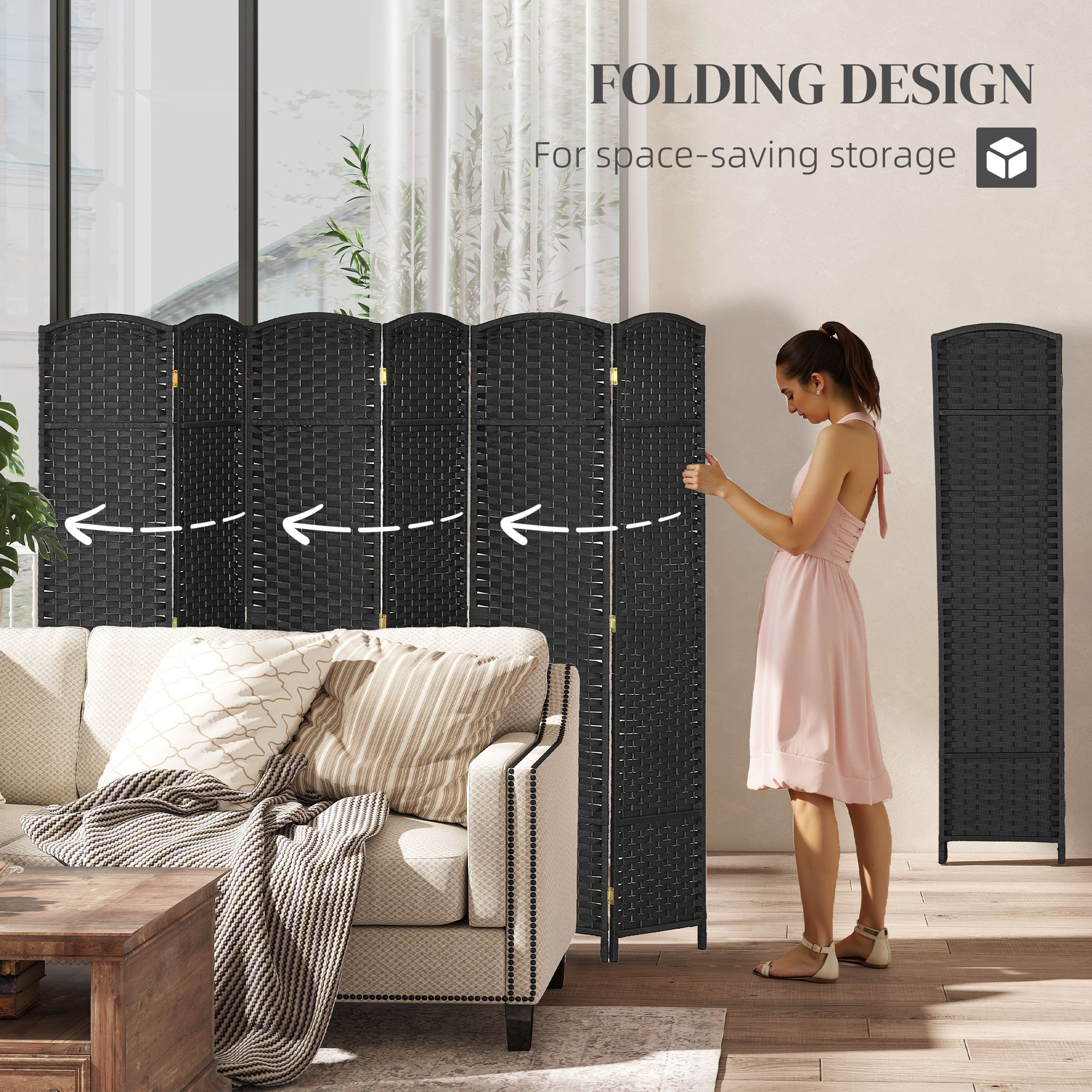6 Panel Folding Room Divider, Freestanding Privacy Screen for Living Room, Bedroom and Office, 240 x 170cm, Black