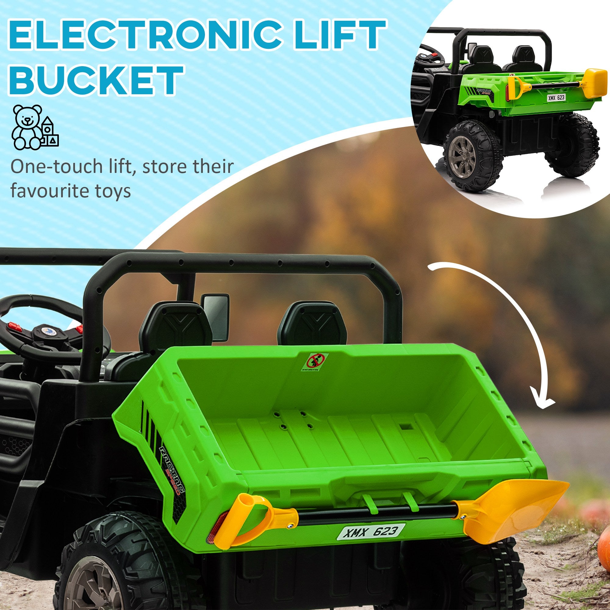 12V 2-Seater Kids Electric Ride-On Car with Remote Control and Electric Bucket - Green