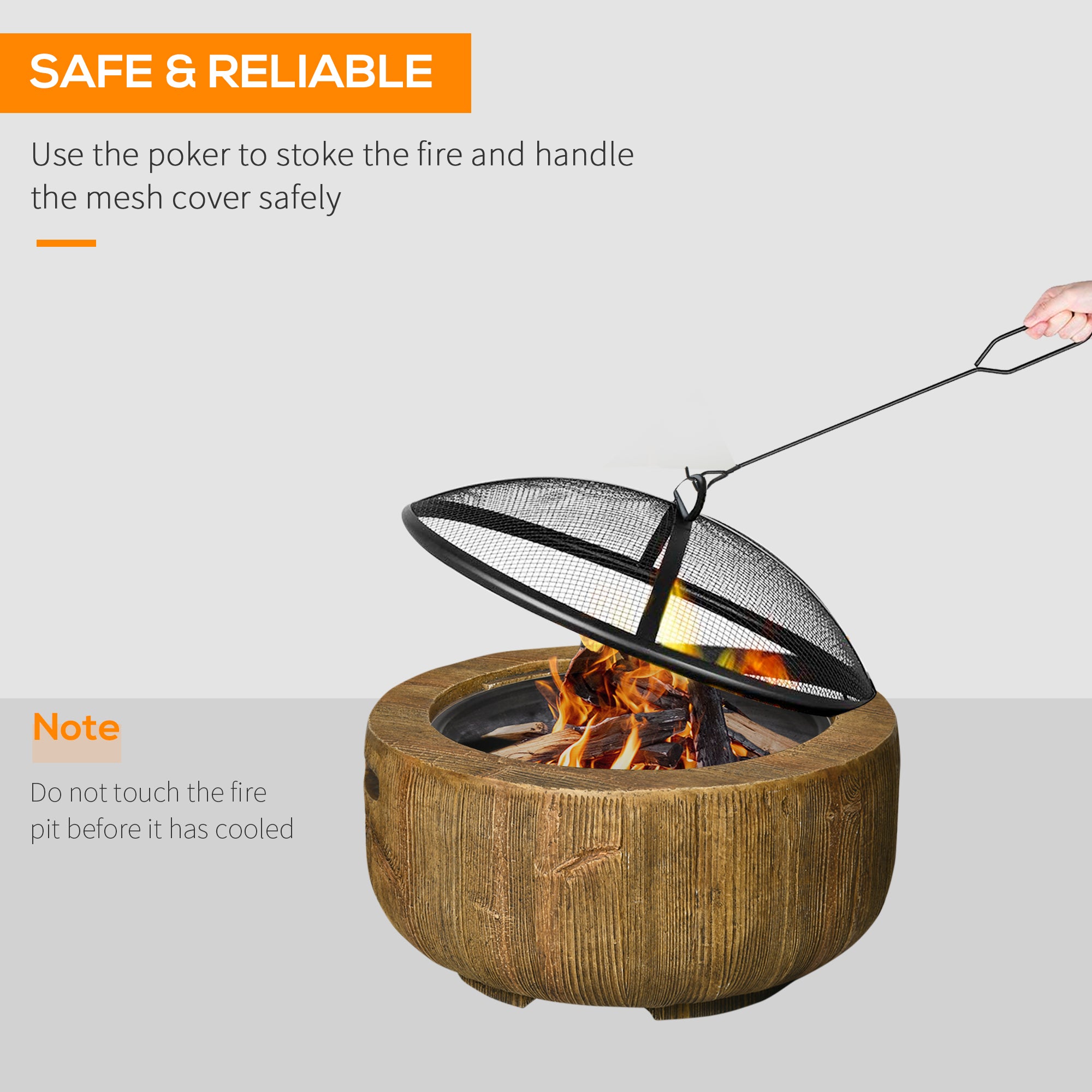 Outdoor Fire Pit, 61.5 cm Metal Wood Burning Fireplace with Spark Cover, Poker, Woodgrain Design