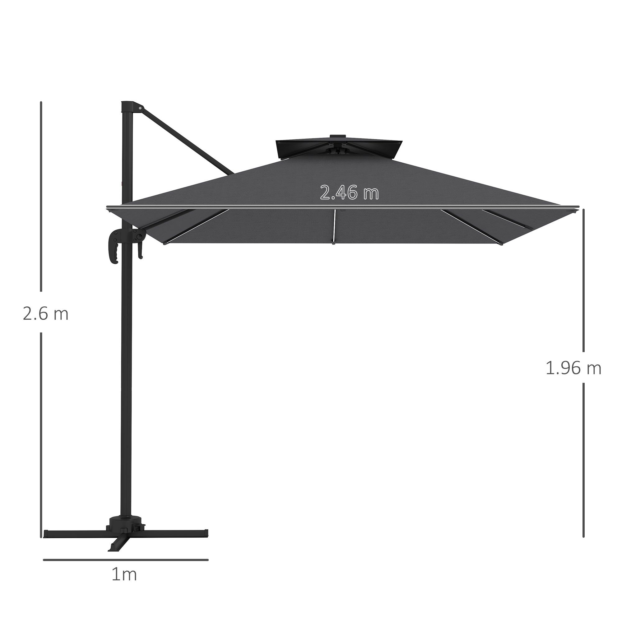2.5m Cantilever Parasol with Solar LED Lights and 360 Degree Rotation - Dark Grey