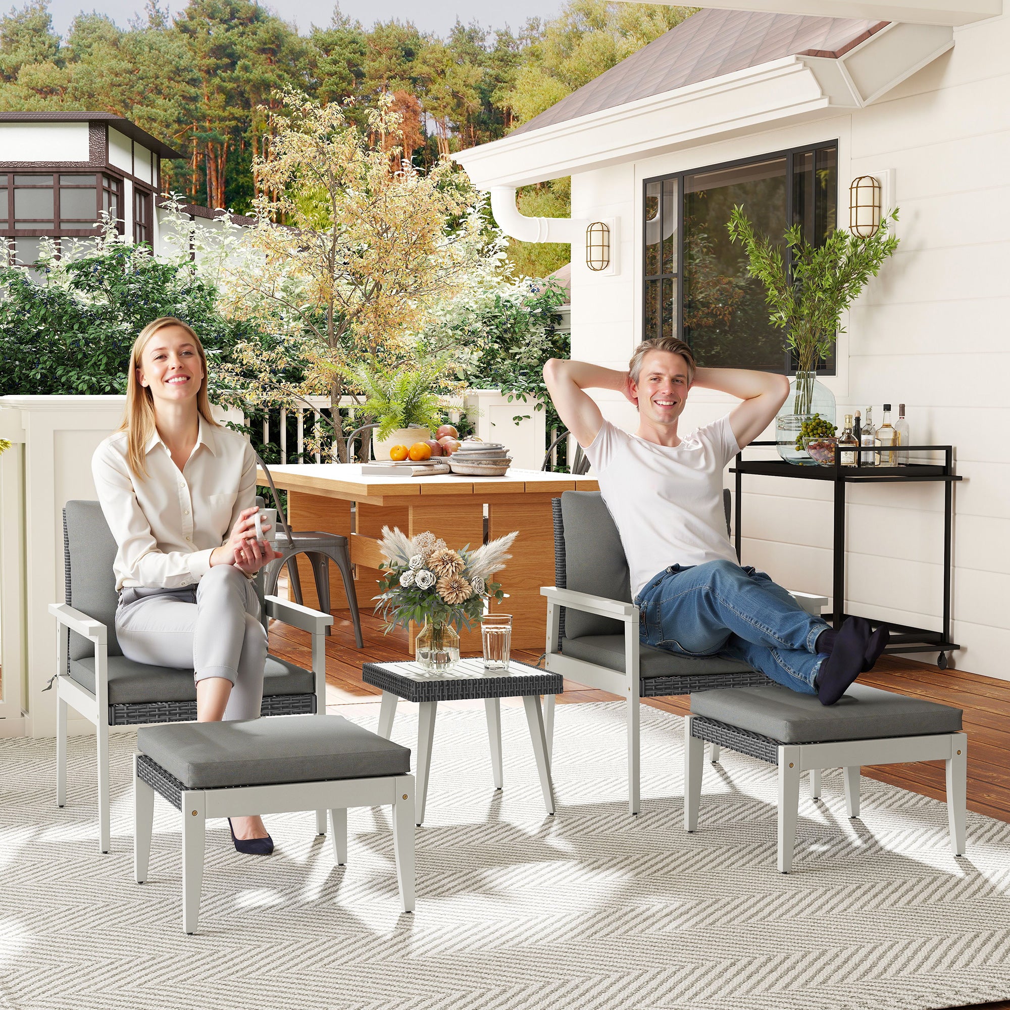 Five-Piece Rattan Patio Set, with Wood-Top Table - Grey