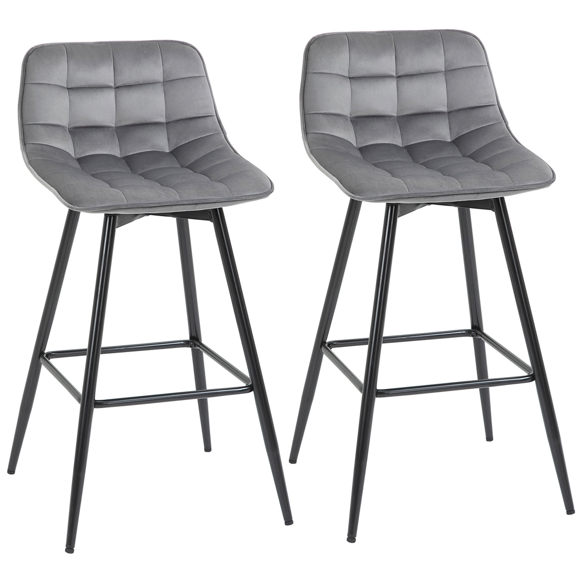 Set of 2 Bar Stools Velvet-Touch Dining Chairs Kitchen Counter Chairs Fabric Upholstered seat with Metal Legs, Backrest, Grey