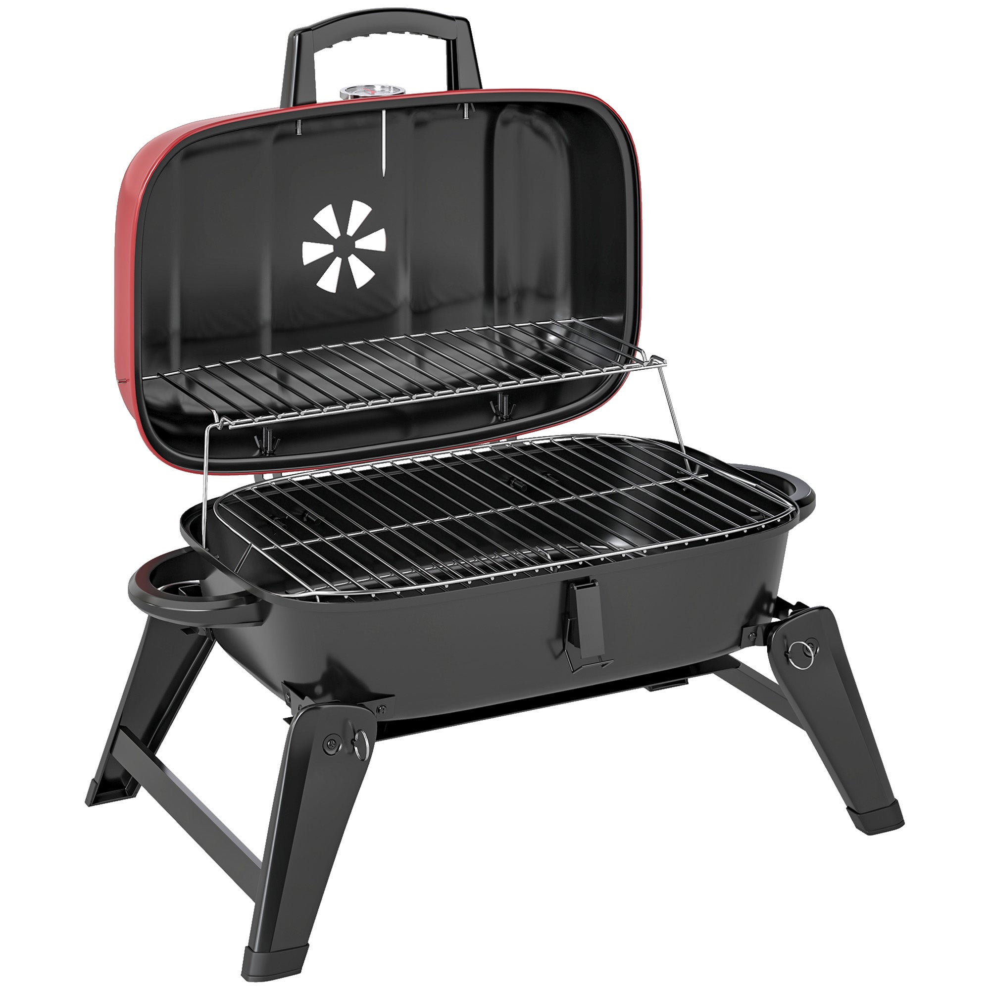 Charcoal Barbecue Grill Folding Portable BBQ Grill for Camping with 1232 cm² Cooking Area, Adjustable Vent, Thermometer, Handles for Picnic, 59 x 37 x 36 cm, Red