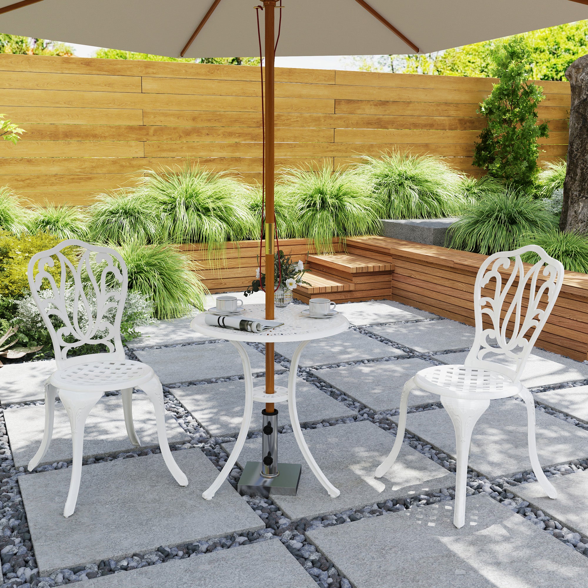3 Piece Cast Aluminium Garden Bistro Set with Umbrella Hole - White