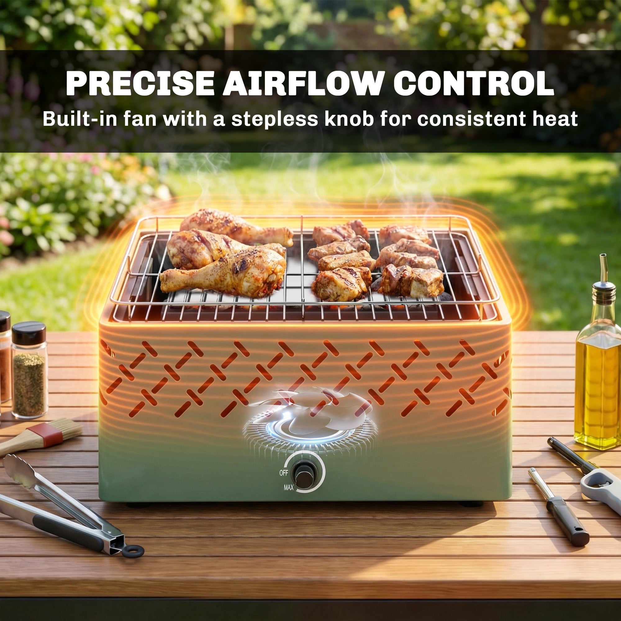 Portable Charcoal BBQ Grill, Battery Powered Barbecue Grill with Built-in Fan for Camping Picnic, Light Green