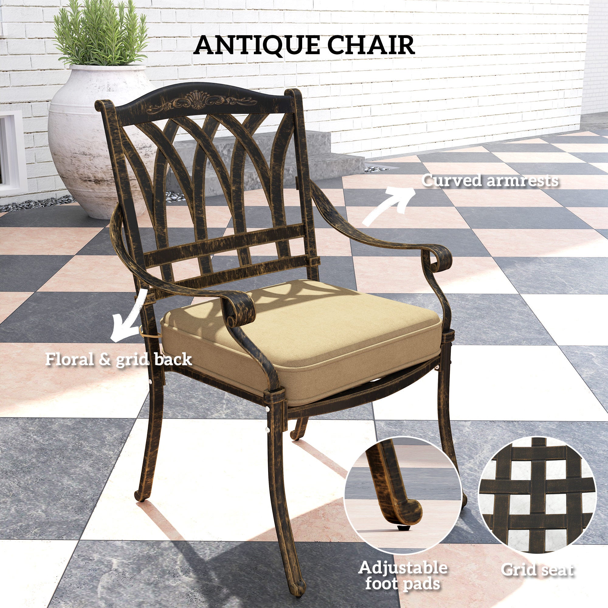 7 Piece Cast Aluminium Garden Dining Set with Floral Design - Bronze Tone