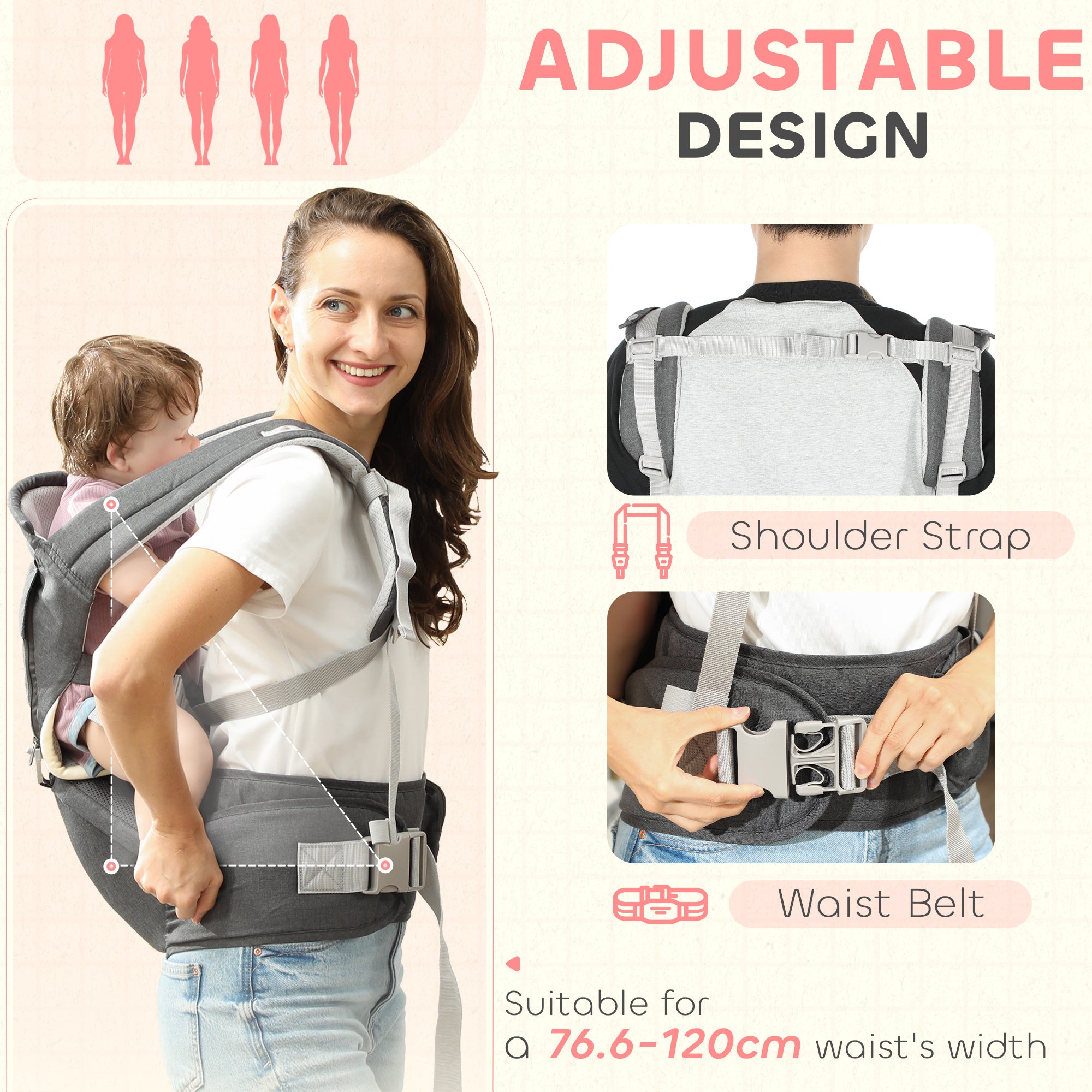 6-in-1 Baby Carrier for Newborns-Toddlers, with Removable Seat, for Ages 0-36 Months, Up to 15kg, Grey