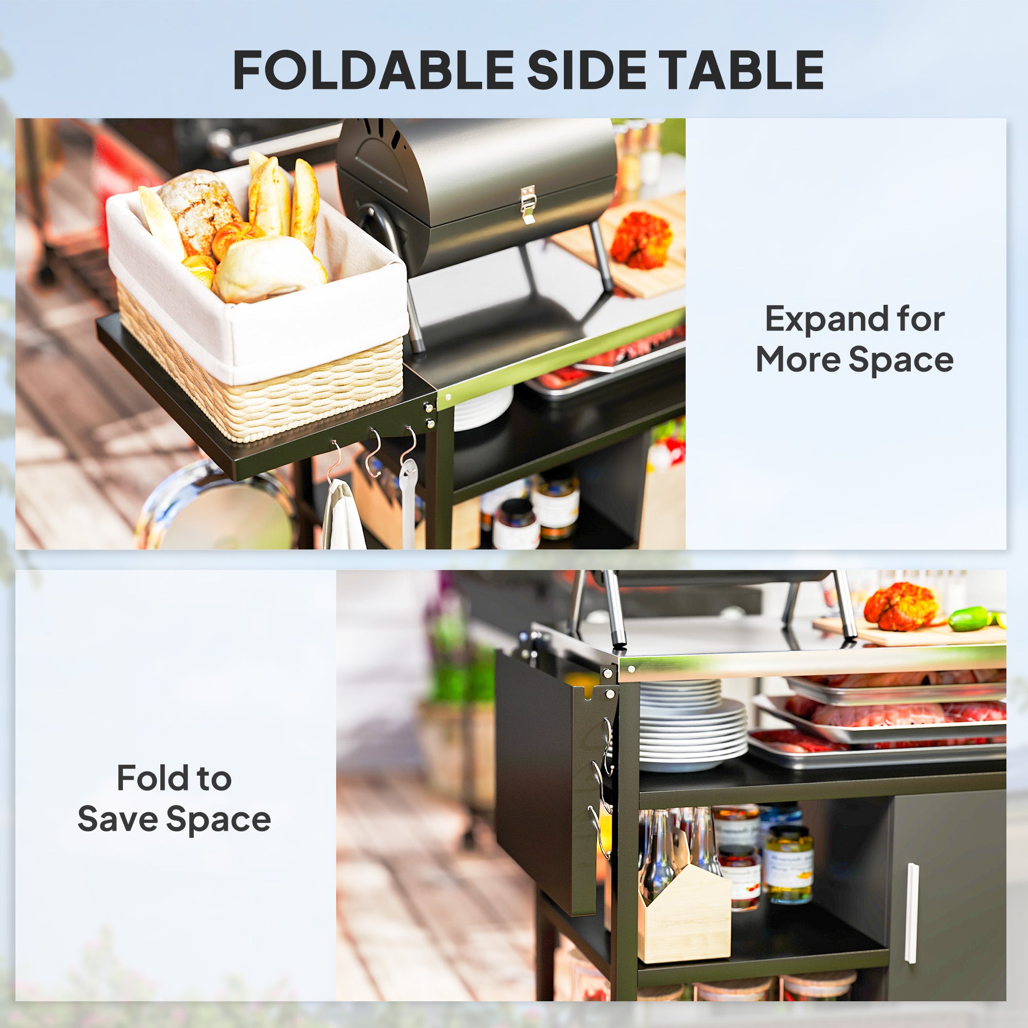Outdoor BBQ Trolley with Foldable Side Table, Stainless Steel Top, Outdoor Kitchen with Wheels Hooks Shelves Cabinet, Pizza Oven Table Movable Outdoor Grill Dining Cart with Cover, Black