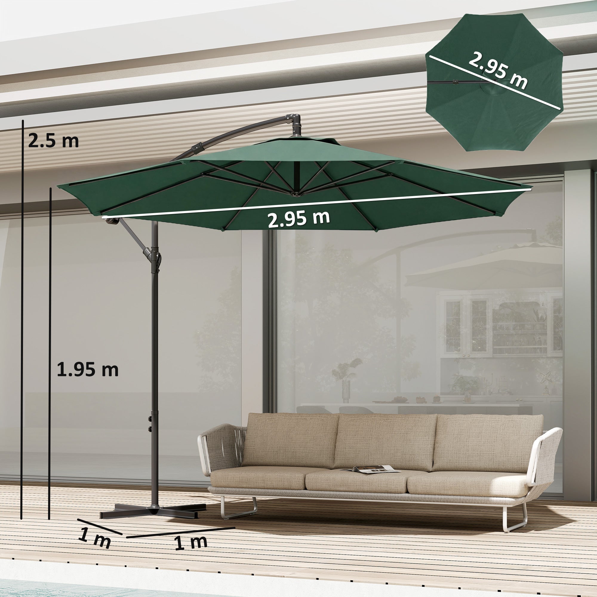 3 m Overhanging Cantilever Parasol, with Cross Base - Dark Green