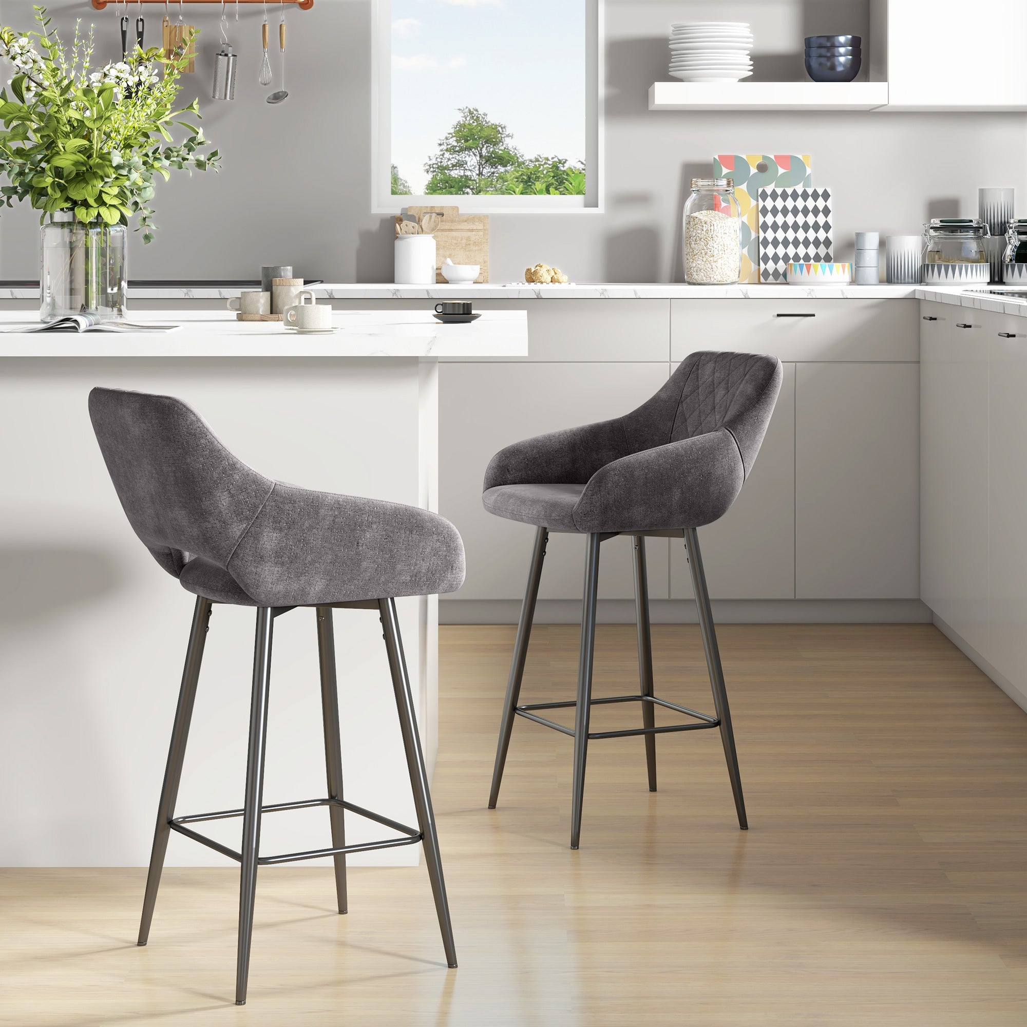 Set of Two Velvet-Feel Bar Stools - Grey