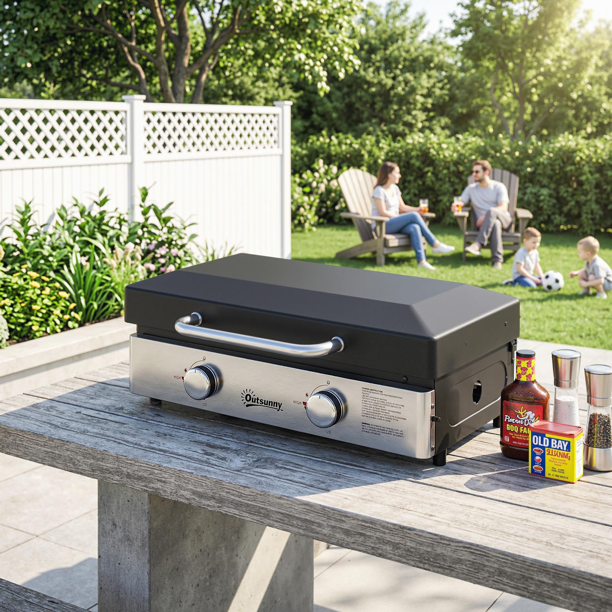 2 Burner Grill Griddle, Portable Gas Plancha, 6 kW, Tabletop Gas BBQ with Grease Cup for Camping Picnic Patios, Black