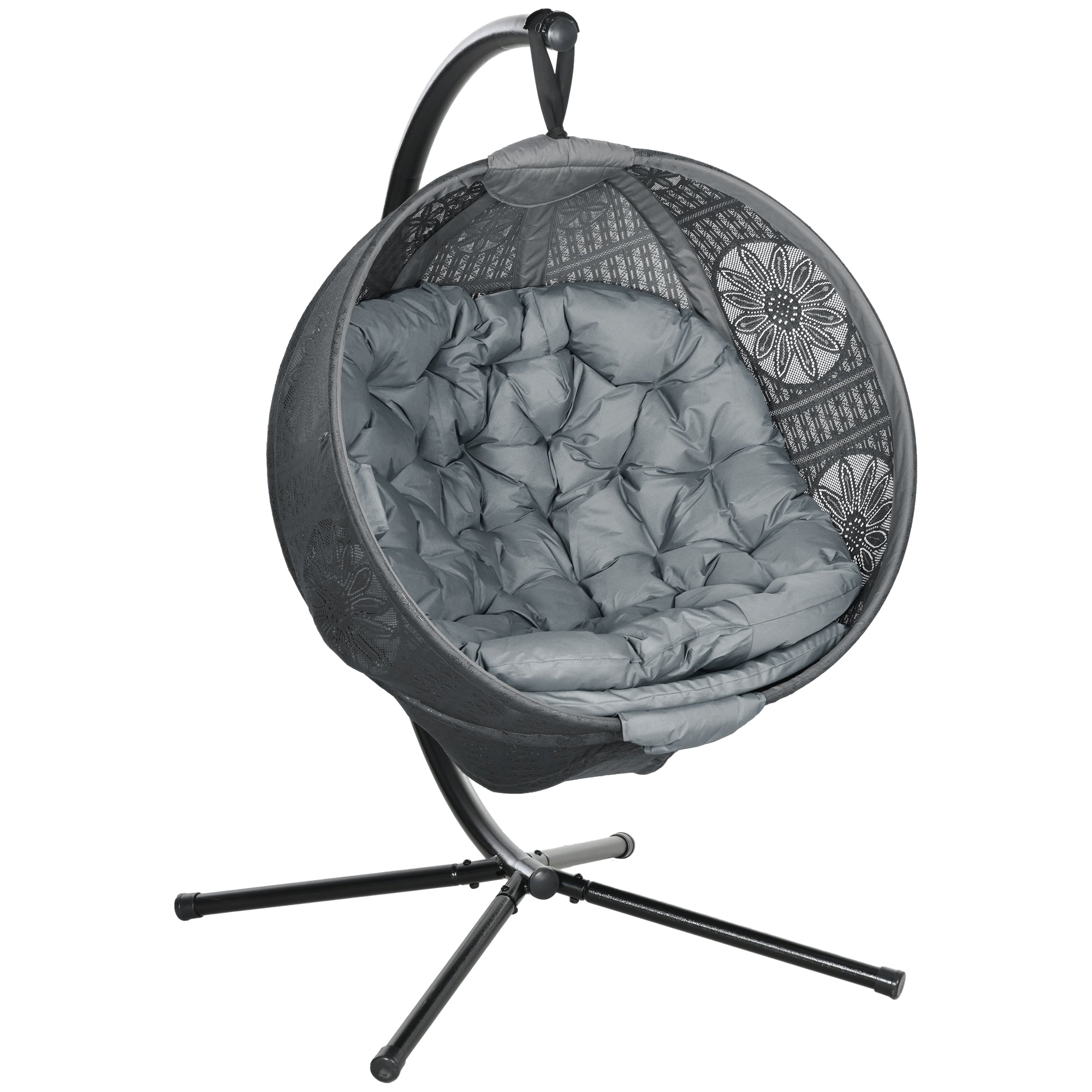 Round Egg Basket Chair with Steel Stand and Padded Cushion - Charcoal Grey