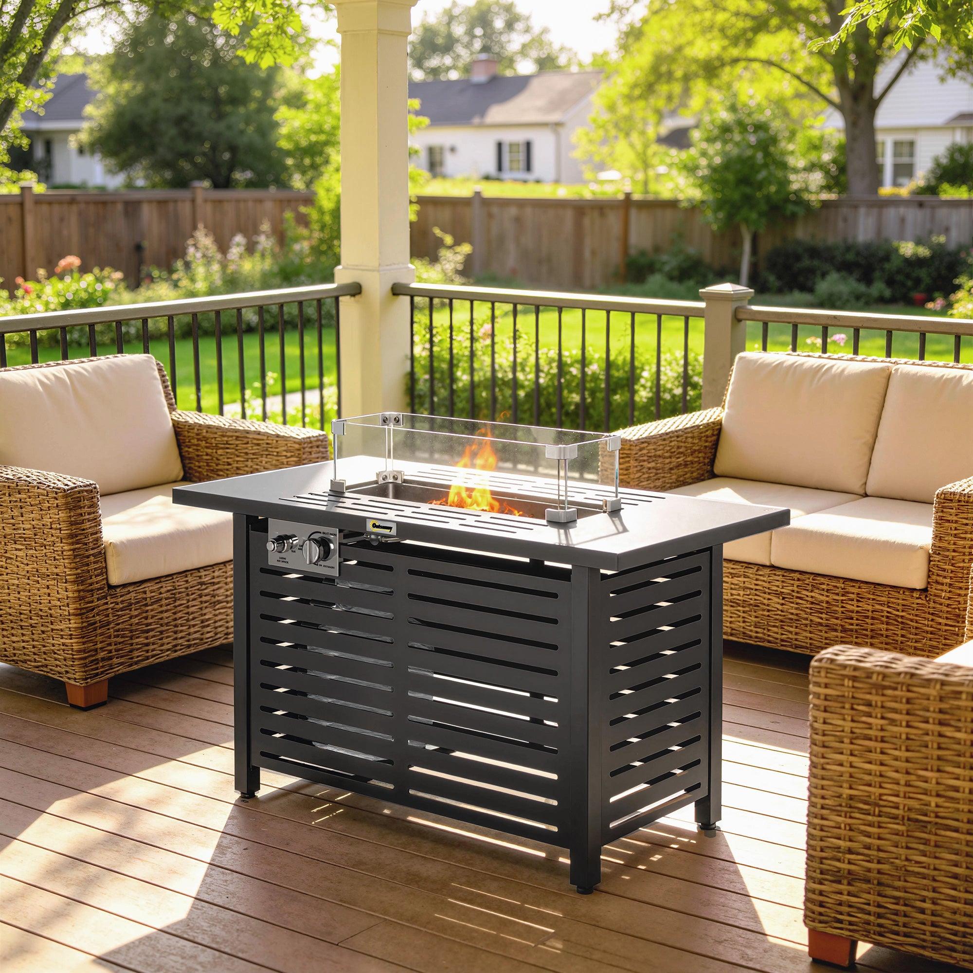 Propane Gas Fire Pit Table, Outdoor Firepit with 43" Steel Tabletop and Lid, 50,000 BTU Pulse Ignition Fire Table w/ Stainless Steel Burner, Glass Wind Guard, and Cover