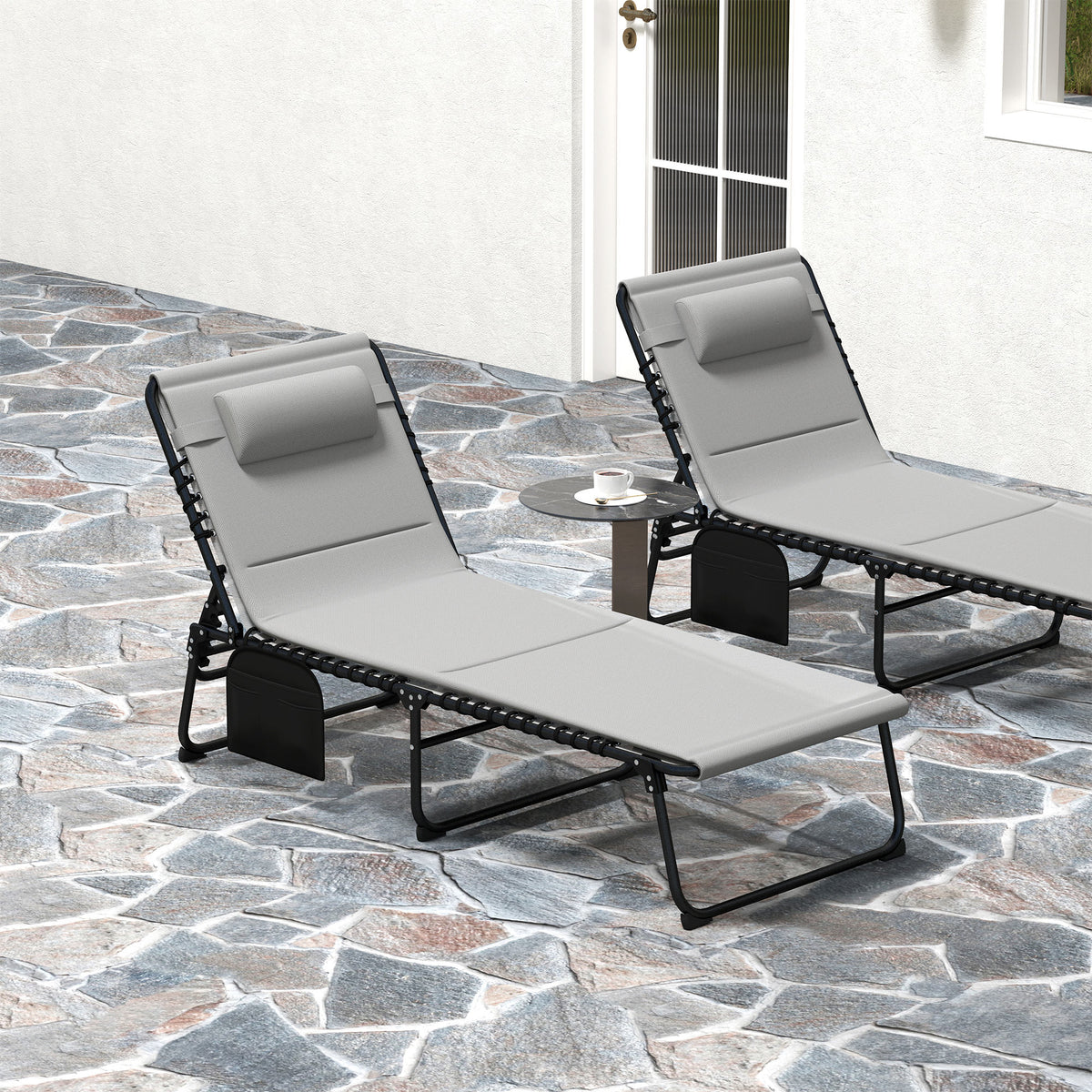 Set of 2 Folding Recliner Sun Loungers with Quick-Dry Pad & Side Pocket - Light Grey