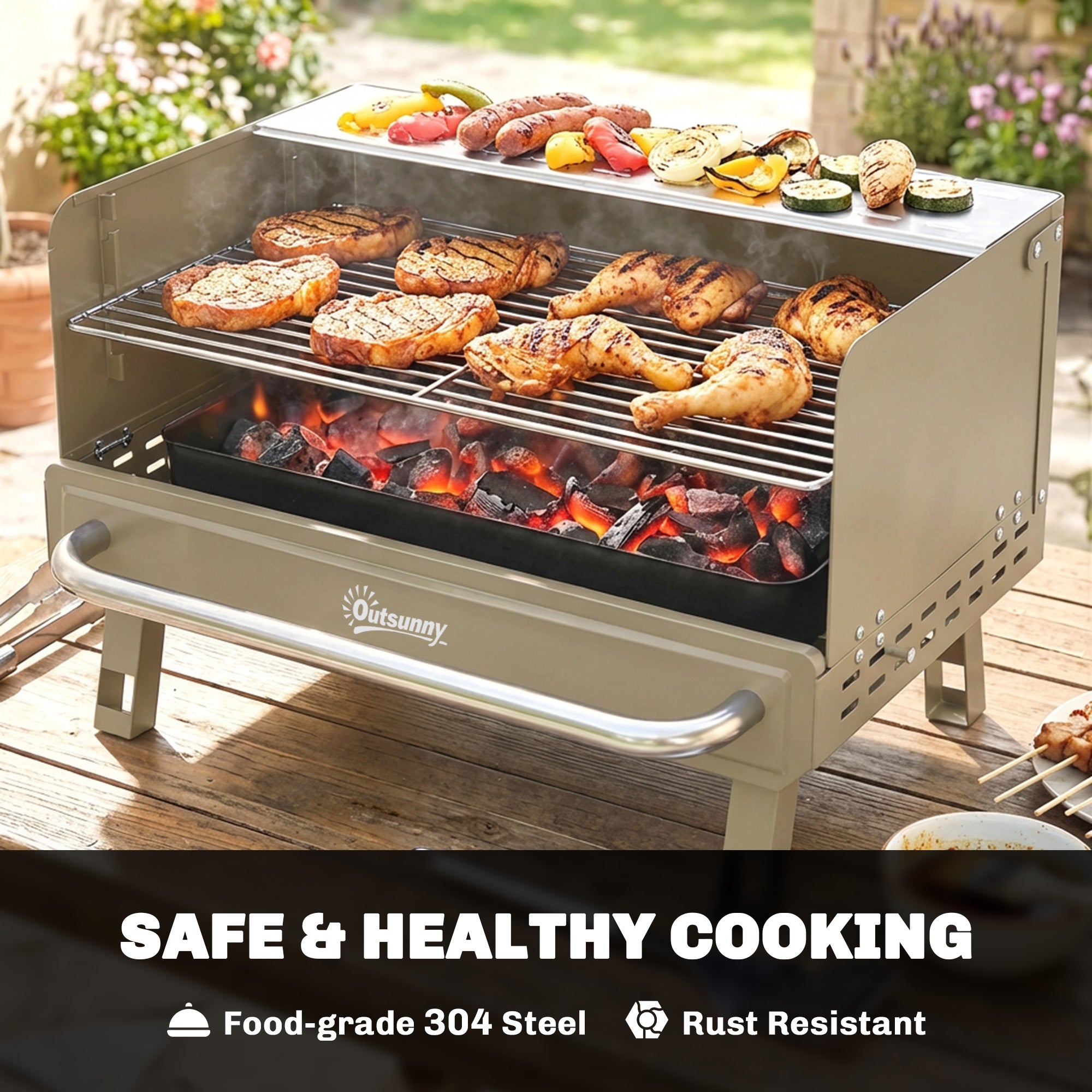 Portable BBQ Grill, Charcoal Barbecue Grill with Adjustable Grates, Foldable Legs, Side Shelf for Camping Travel, Khaki
