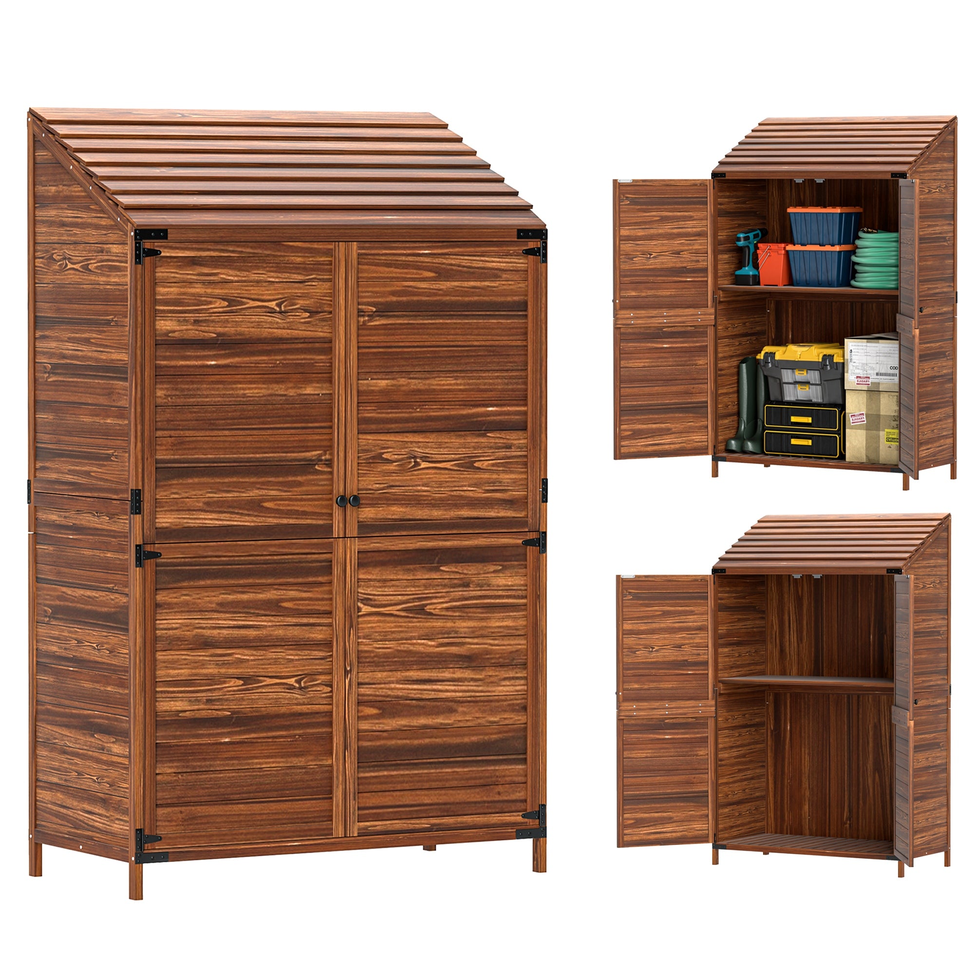 Two-Tier Wooden Garden Shed with Double Doors and Shelves - Brown