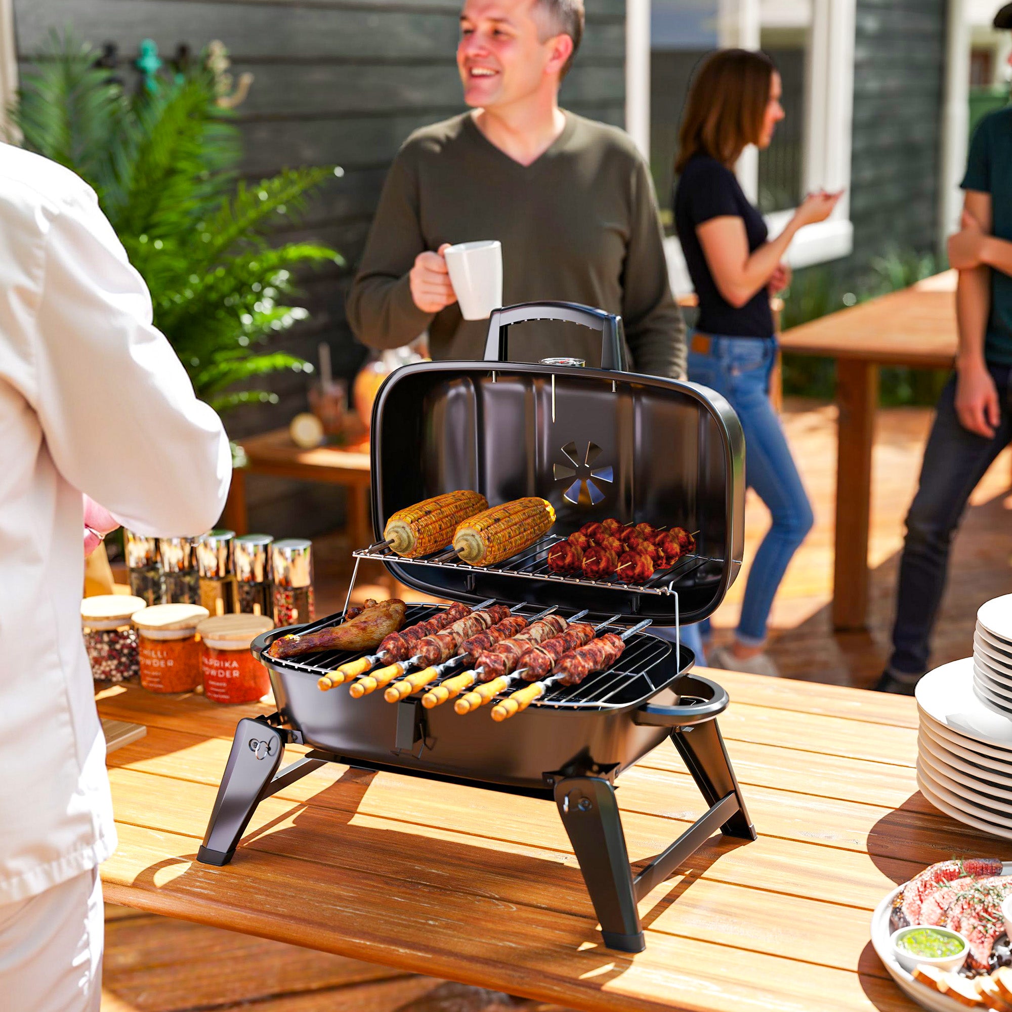 Charcoal Barbecue Grill Folding Portable BBQ Grill for Camping with 1232 cm² Cooking Area, Adjustable Vent, Thermometer, Handles for Picnic, 59 x 37 x 36 cm, Black