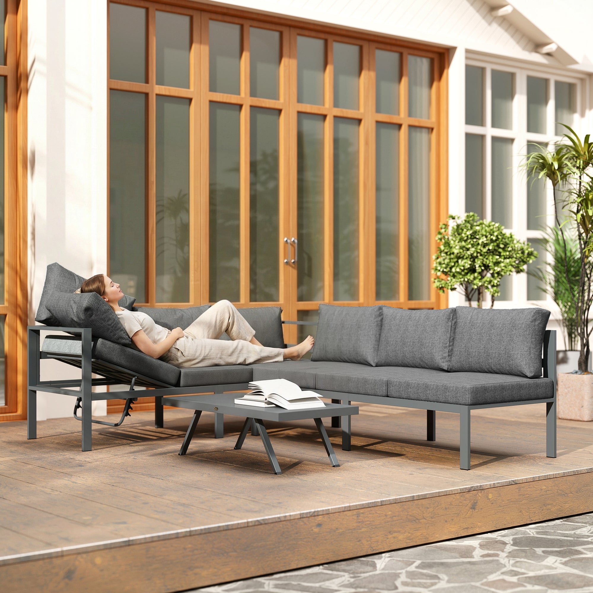 3 Pieces Garden Furniture Set, Aluminium Corner Lounge Set with Adjustable Backrest and Coffee Table