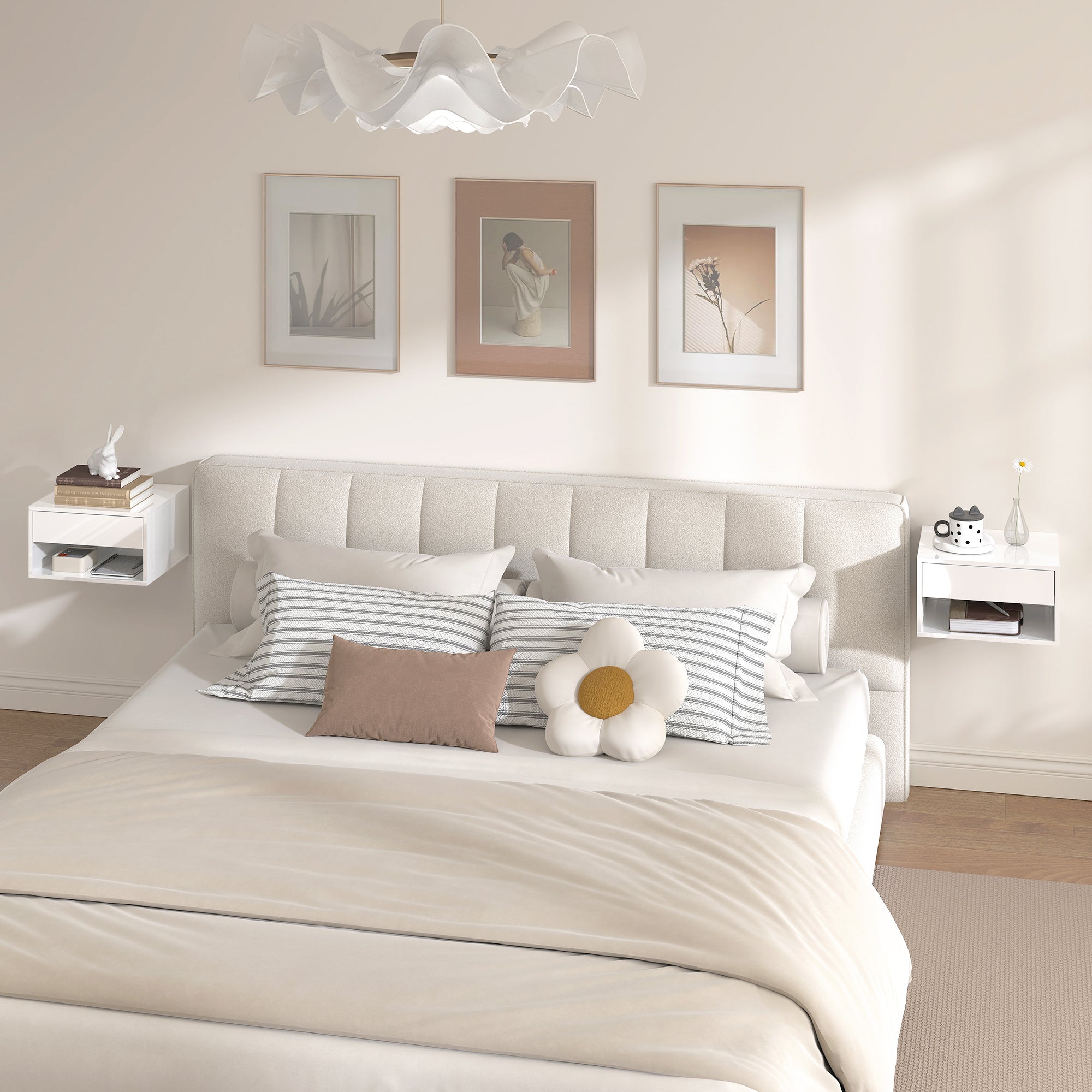 Set of Two Floating Bedside Tables, Wall Mounted Nightstand with Drawer and Open Shelf, High Gloss White