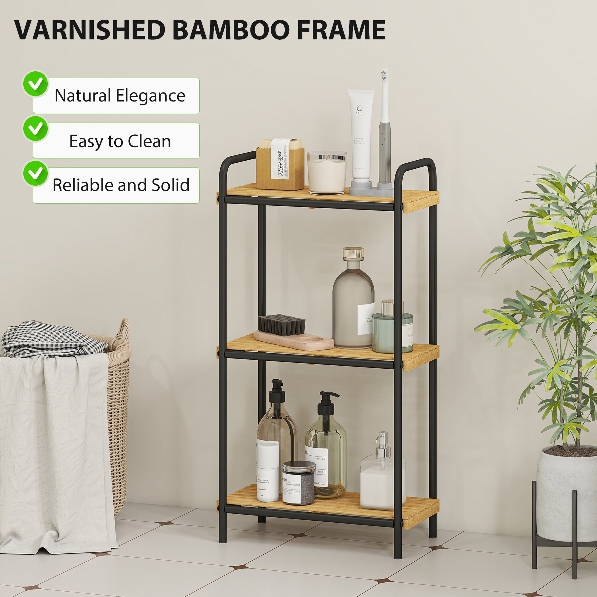 3-Tier Bamboo Bathroom Storage Shelf, Freestanding Narrow Shelving Unit with Slatted Shelves for Kitchen Bathroom Living Room, 41.5 x 21.5 x 77.5 cm, Natural and Black