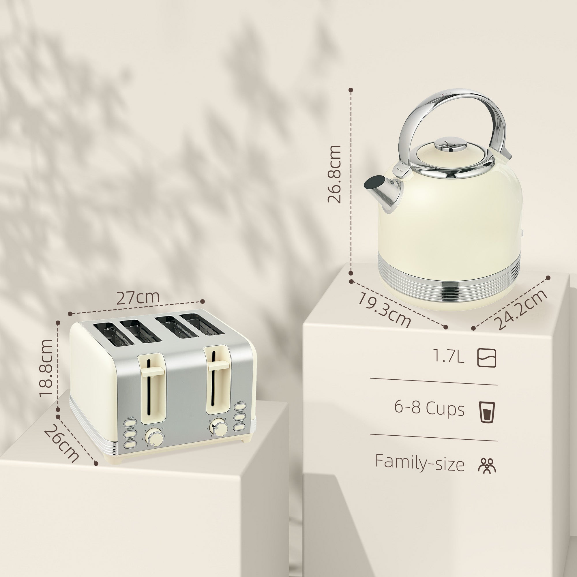 Polished Metal Kettle and Toaster Set - Cream