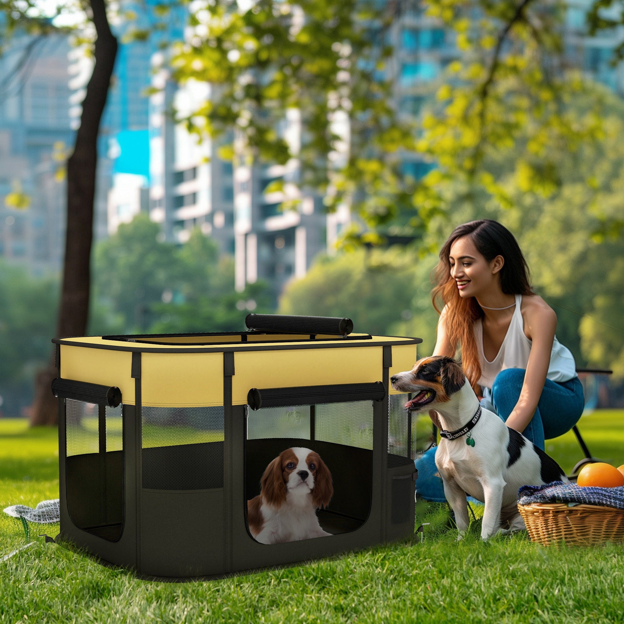 Foldable Dog Pen with Storage Bag for Indoor/Outdoor Use, Portable Pet playpen, with Ground Stakes - Yellow