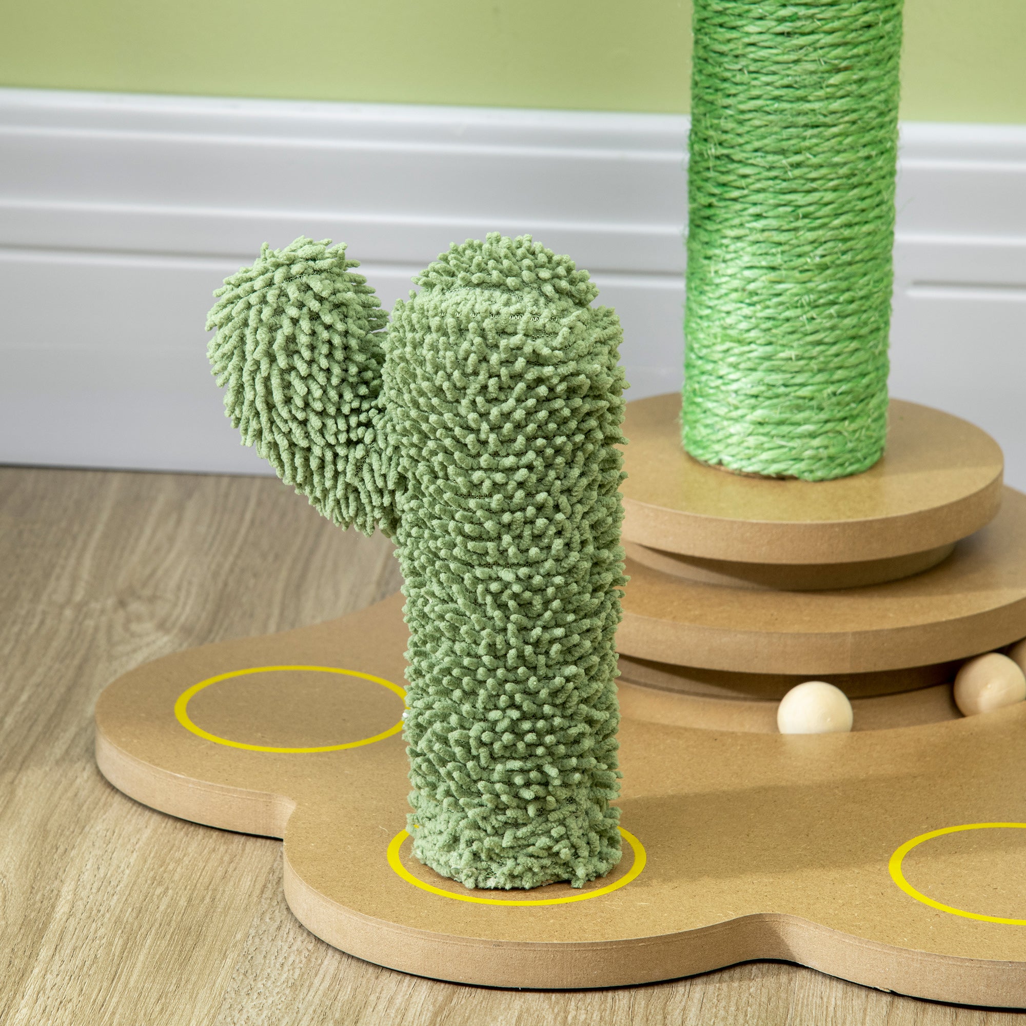 60cm Chenille Cat Tree, with Interactive Toy Balls, Sisal Scratching Posts - Green